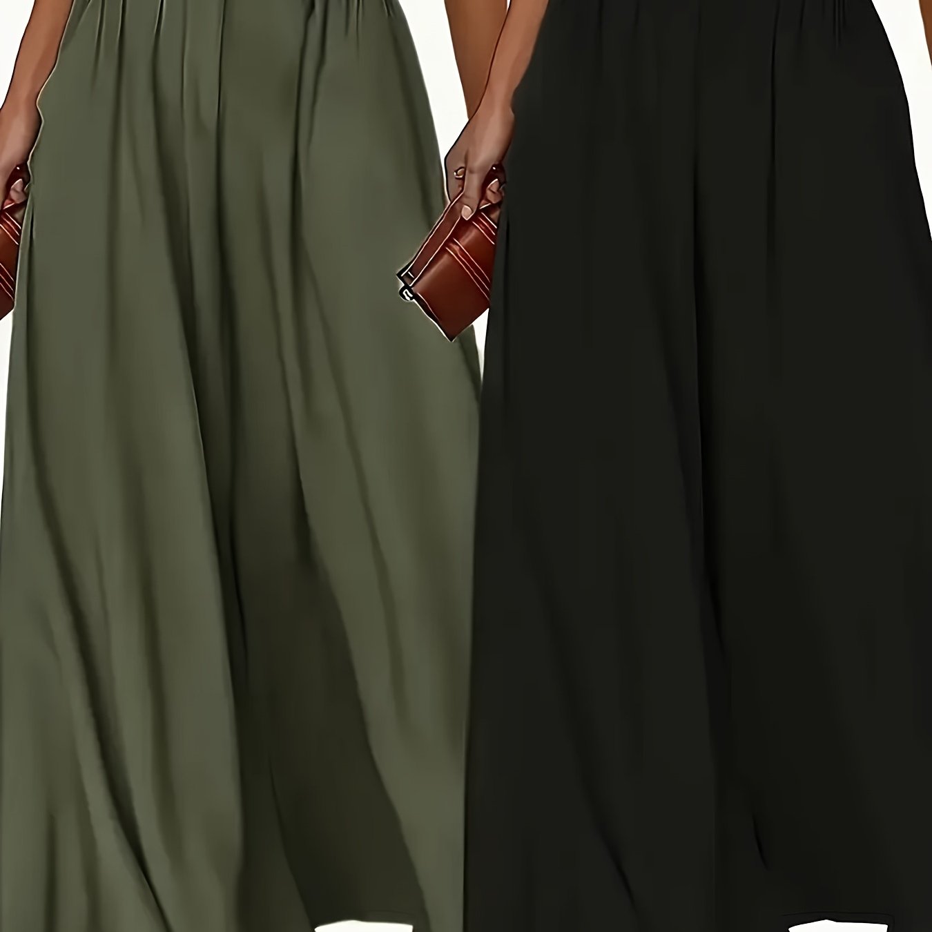 Plus Size, 2pcs Women's Plus Size Wide-leg Pants With Elastic Waist - Wide Compatible (no Included) - Suitable For - Casual & -casual Wear - Solid Color Trousers - Hand Wash/dry -