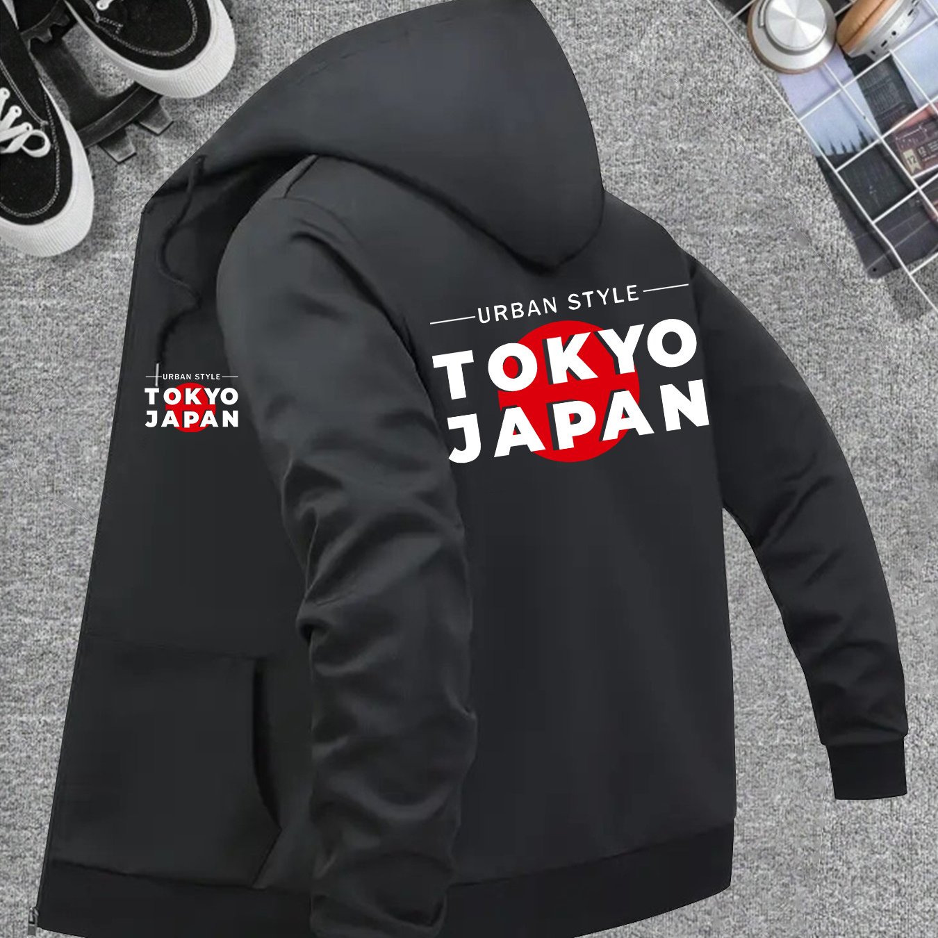 TEMU Men's Windproof Hooded Jacket, Easy Tokyo Japan Pattern Heat Transfer Top, Lightweight Clothing, Zipper Fashion Athletic Versatile Pouch Hooded