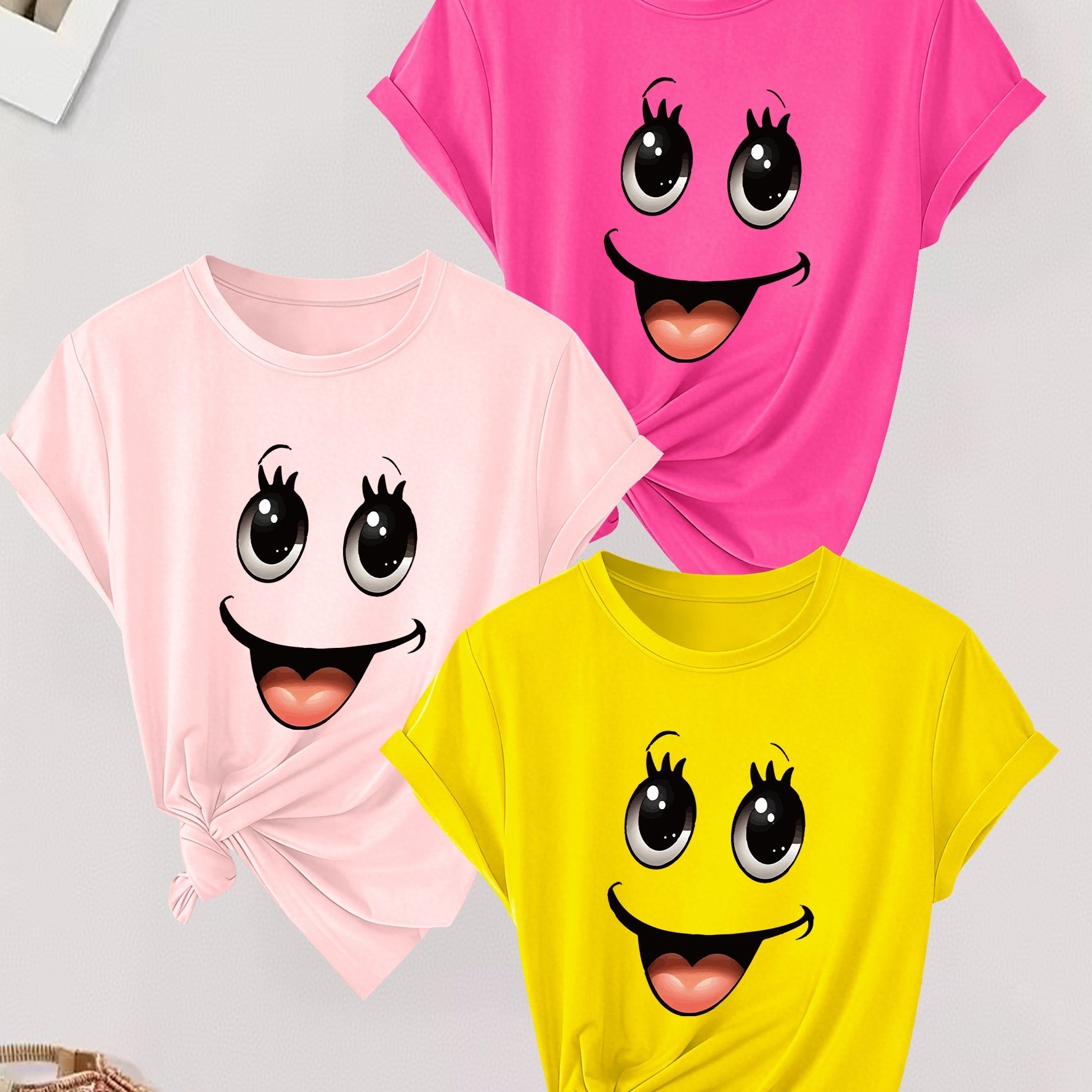 TEMU Women's Short Sleeve 3pcs Set Cartoon Print T-shirt Top, Comfortable Breathable Fabric, Style, Suitable For Spring Summer Fall