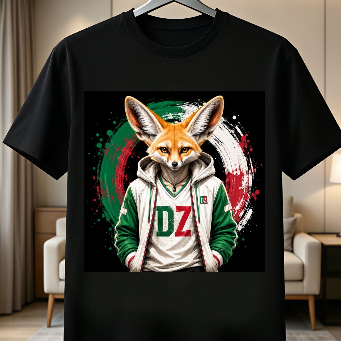 TEMU T-shirt Fennec DZ Portrait de Renard du Désert en Couleurs DZ, Thème Algérien , Style Sportif , T-shirt Unisexe