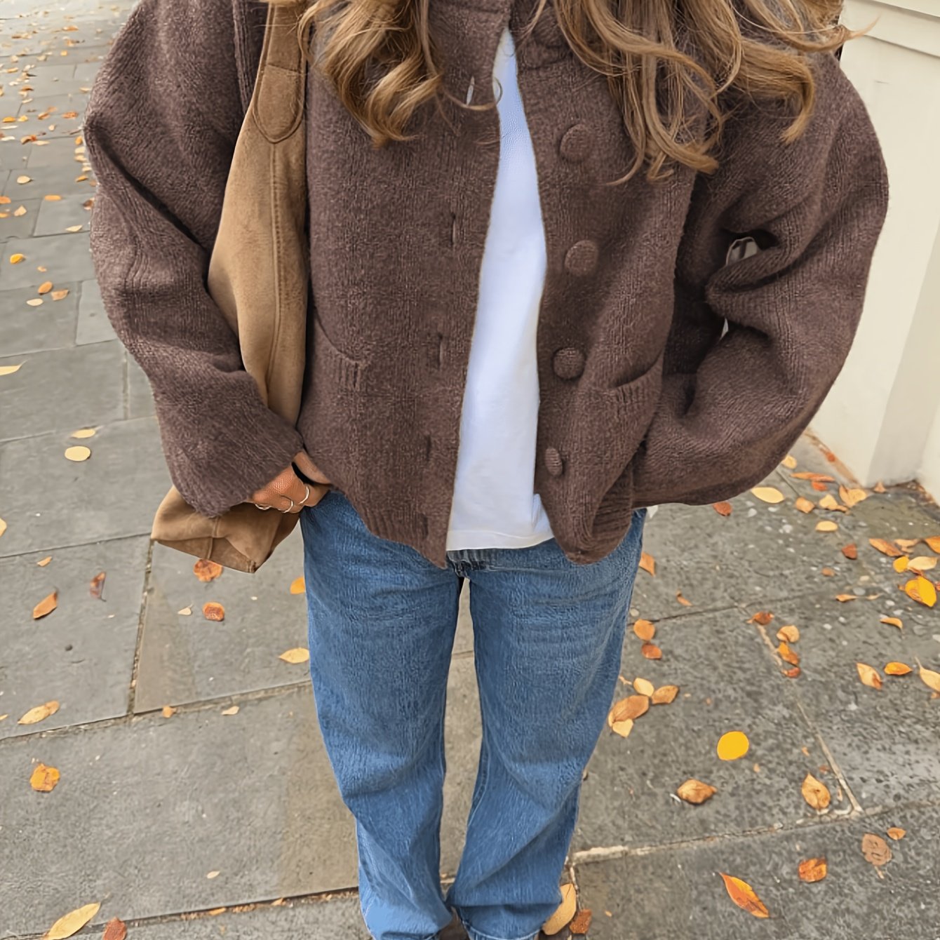 TEMU Elegant, Retro-style Round-neck Cardigan For Women; Fall/winter Y2k-style Button-up Long-sleeve Sweater; Elegant, Casual, Everyday Double-pocket
