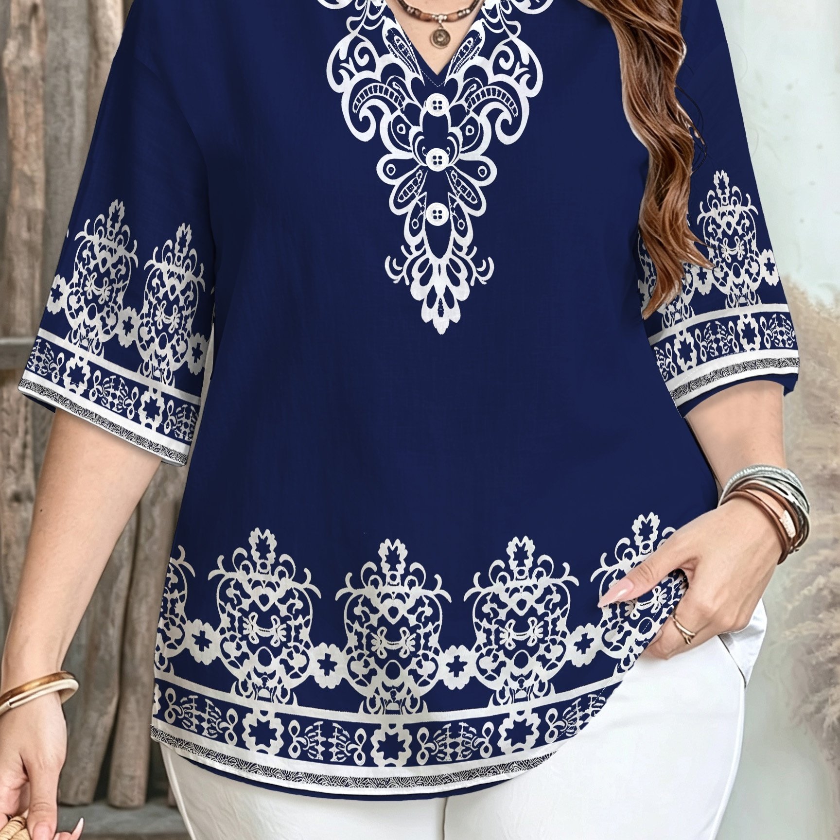 TEMU Bohemian Ethnic Style Printed Women's Top, Round Neck Three-quarter Sleeve Totem Casual Shirt, A Perfect Gift