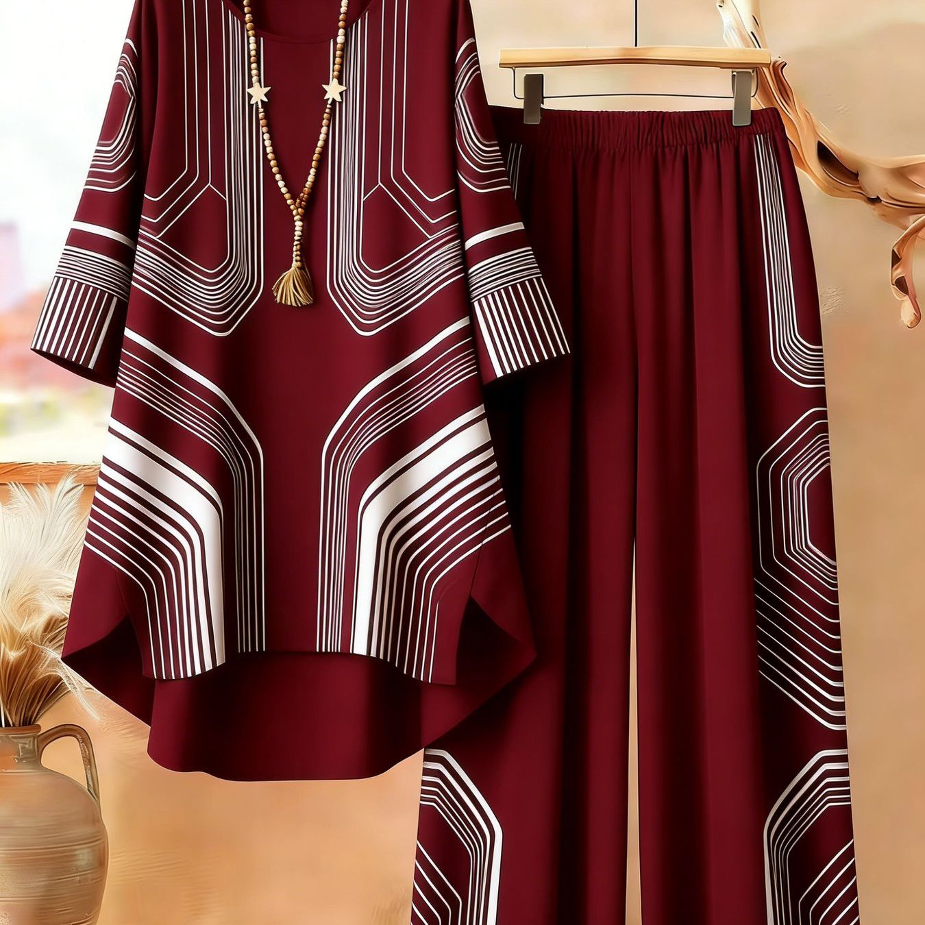 TEMU Plus Size - Plus Size Women 2pcs Set Geometric Line Pattern Loose Top Elastic High Waist Wide Leg Pants