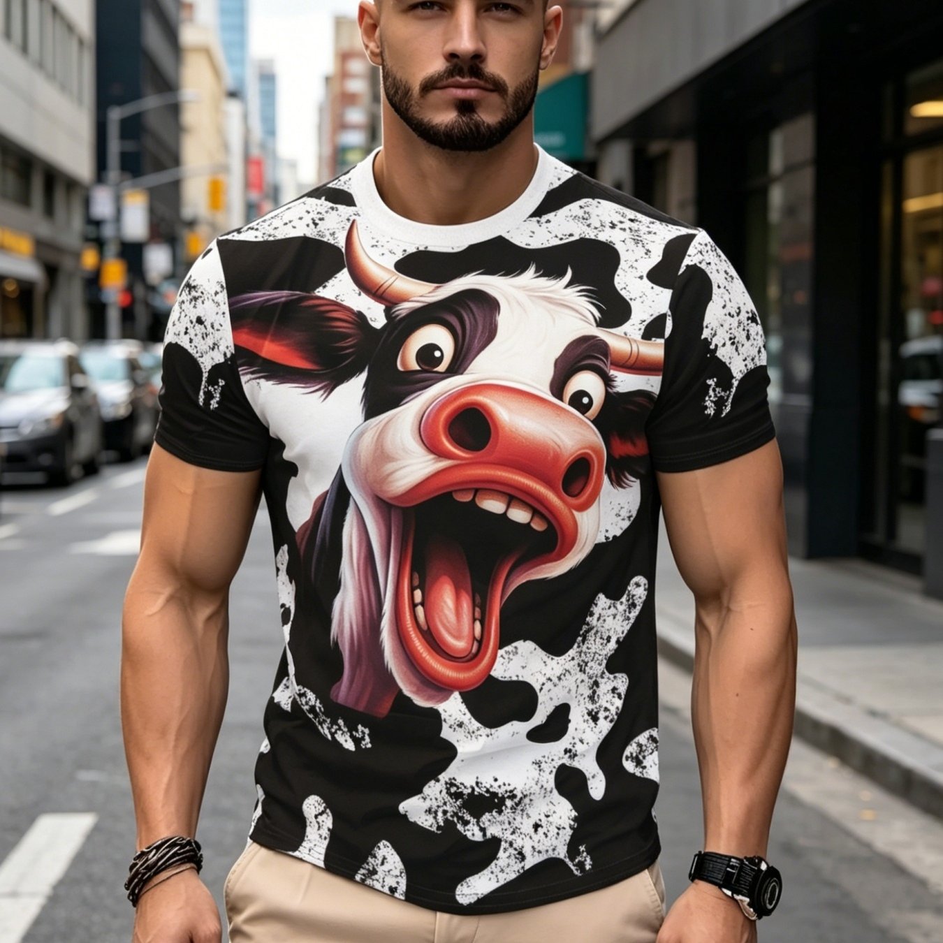TEMU Summer Streetwear For Men, Cow Print, Trendy , Casual And Fashionable Style, Machine Washable