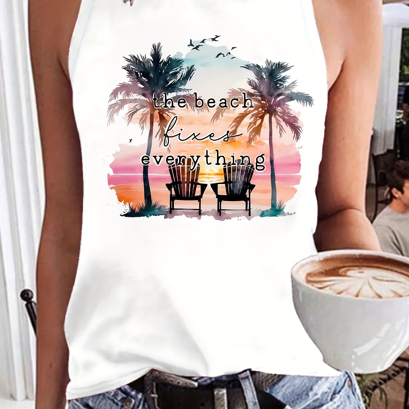 Beach Coconut Tree Letter Scenery Print Crew Neck Tank Top, Elegant Vacation Sleeveless S Shirt, New Women's Sleeveless Top