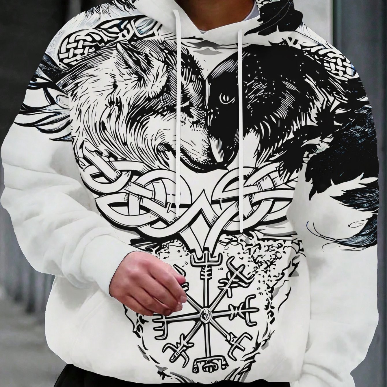 TEMU Men's Viking Style Wolf Head Totem Hooded Sweatshirt, Trendy Print Polyester Fiber Pullover For Casual Daily Wear