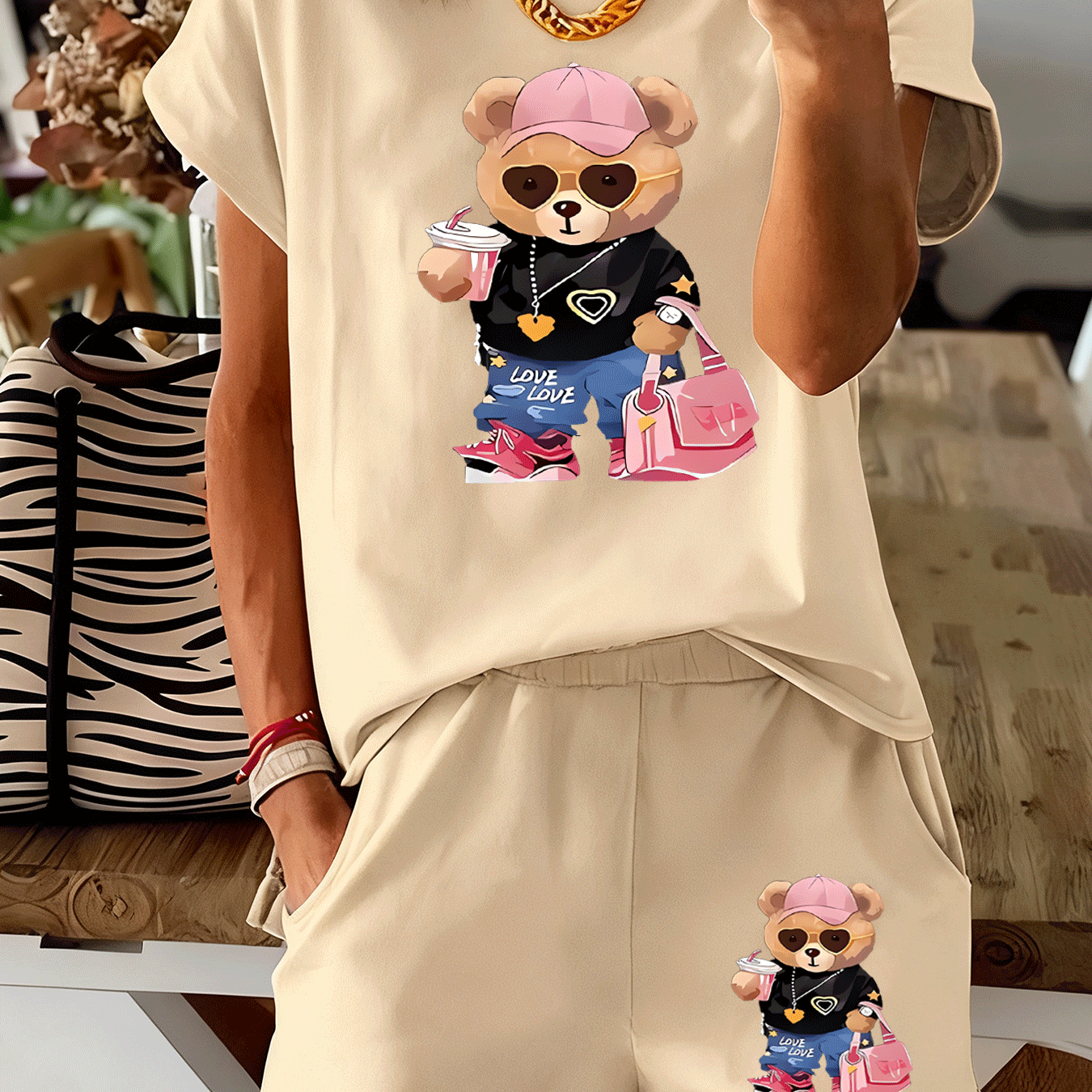 TEMU Trendy For Women, Fashionable Cartoon Short Sleeve And Shorts Casual 2pcs Set, Comfortable Women's Fashion - Soft And Breathable, Machine