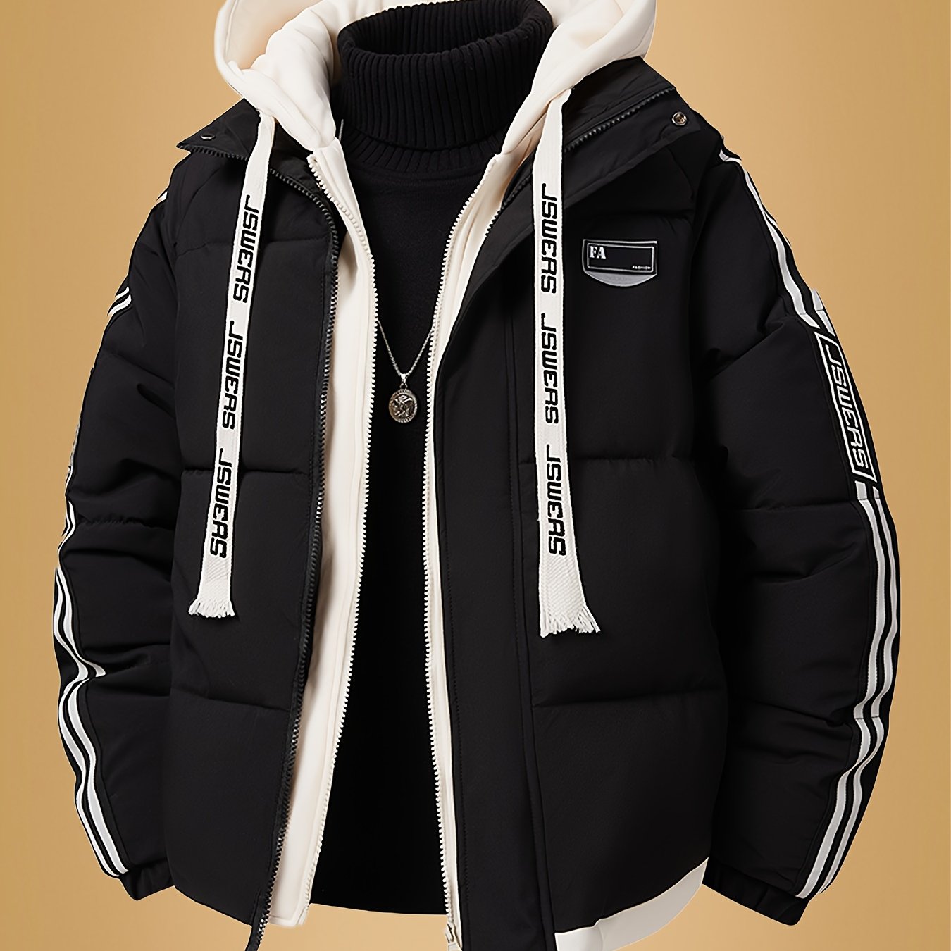 Image of Men's Heavy Hooded Jacket, Double Zipper Closure And Coat Design - Winter, Elastic Cuffs, Loose Fit For Skiing, Outdoor