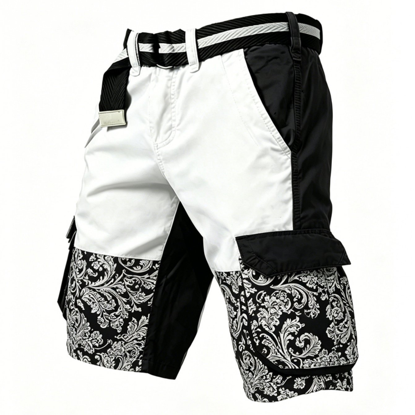Image of Men's Black And White Baroque Pattern Print Cargo Shorts, Tactical Military Style Multi-pocket Shorts, Black And White Belt Not Included