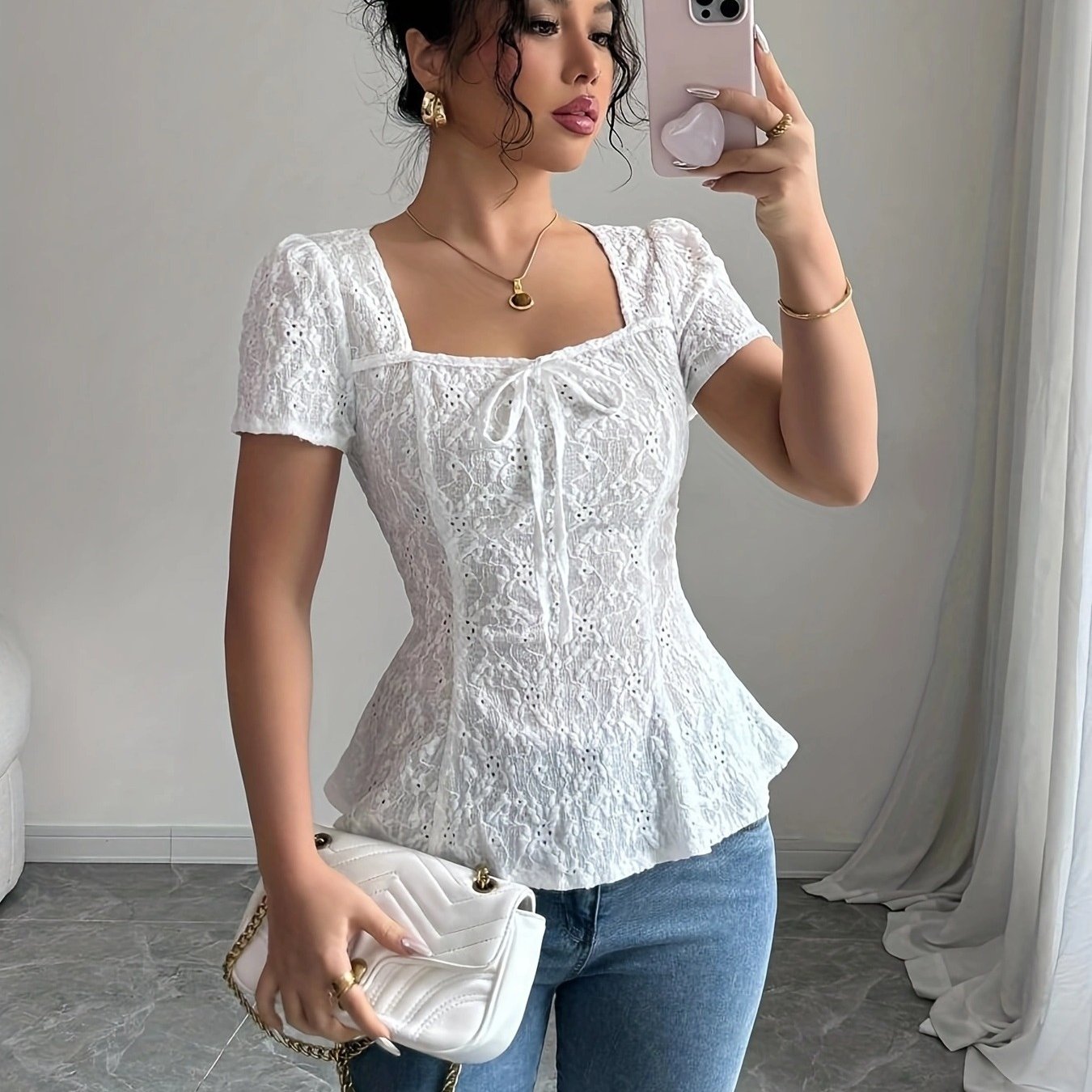 E-shop Elegantes Damen T-Shirt mit hohem Stickmuster in Unifarben, Sommer Neuankömmling