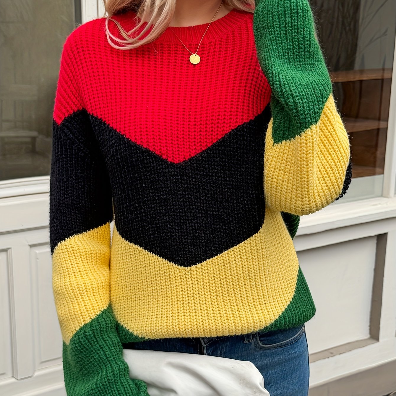 TEMU High-elasticity V-shaped Color-block Over-the-shoulder Sweater - Cozy Round Neck Winter Sweaters For Fall/winter Layering, Casual Warm Blouses