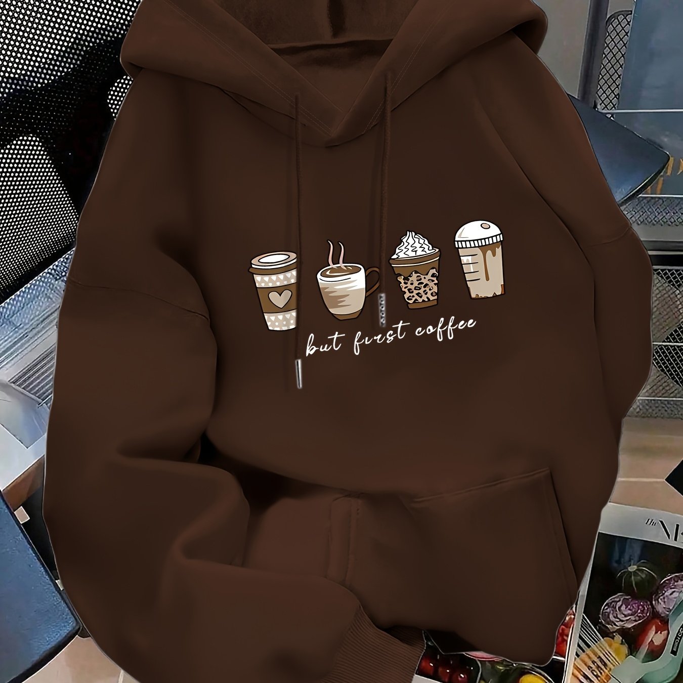 TEMU Women's Fashionable Pullover Hoodie With Coffee Letters And Pattern Prints, Featuring Kangaroo Pockets. This Is A Women's Casual Sweatshirt