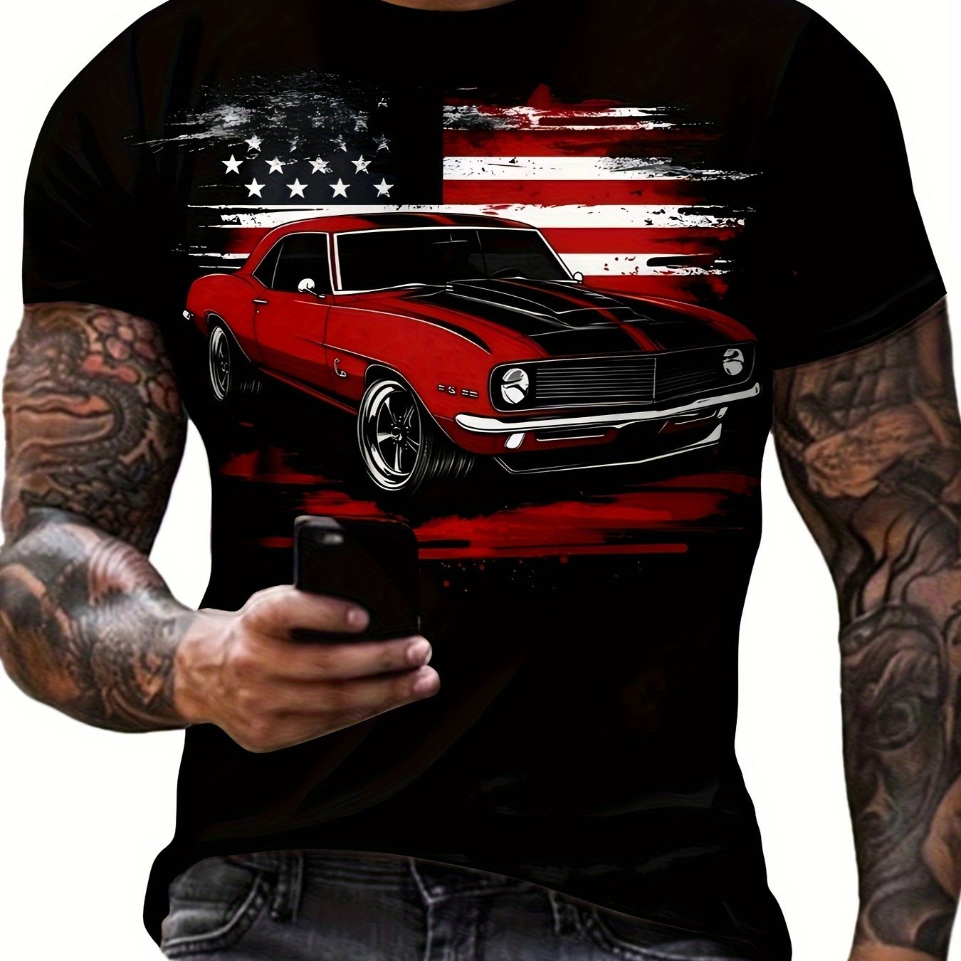 TEMU Men's T-shirt With Car And Print, Short Sleeve Summer Tee, Comfortable, Breathable, And Loose Fit, For Daily Casual Wear, Outdoor Sports, ,