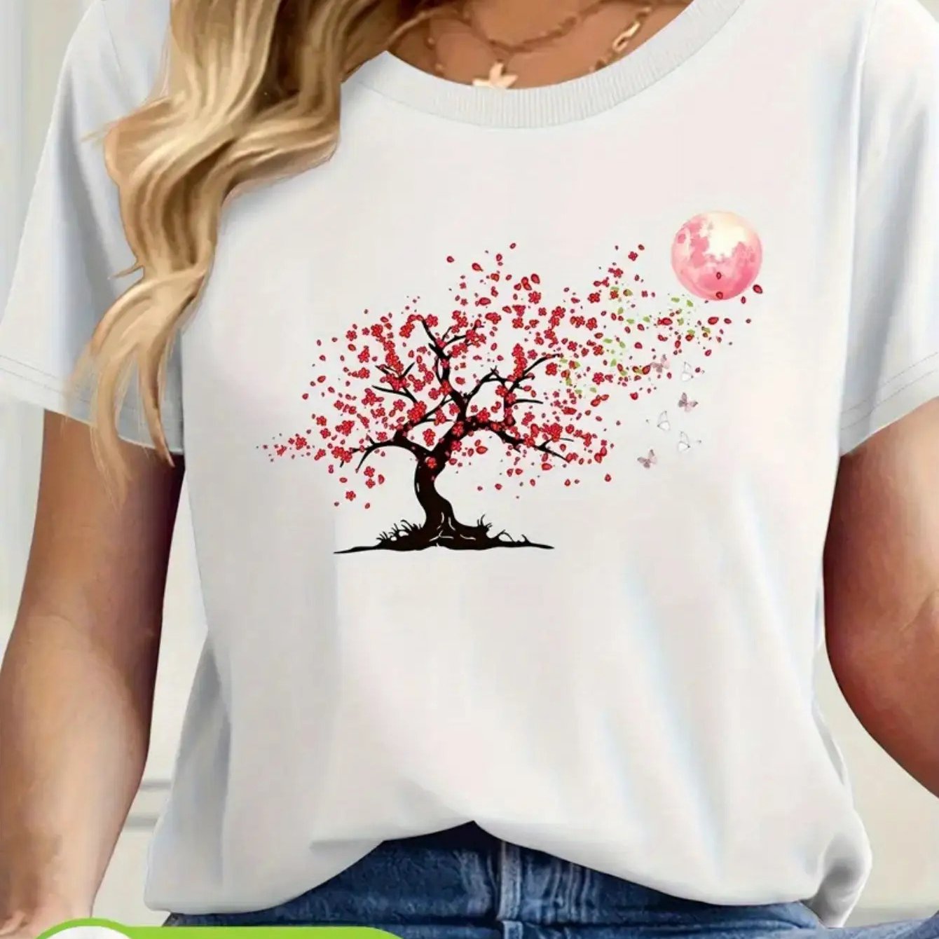 A Pure T-shirt Designed With Red Tree And Pink Moon Theme Women's T-shirt High Quality T-shirt Casual Summer Wear Suitable For Daily Gift For Who Art