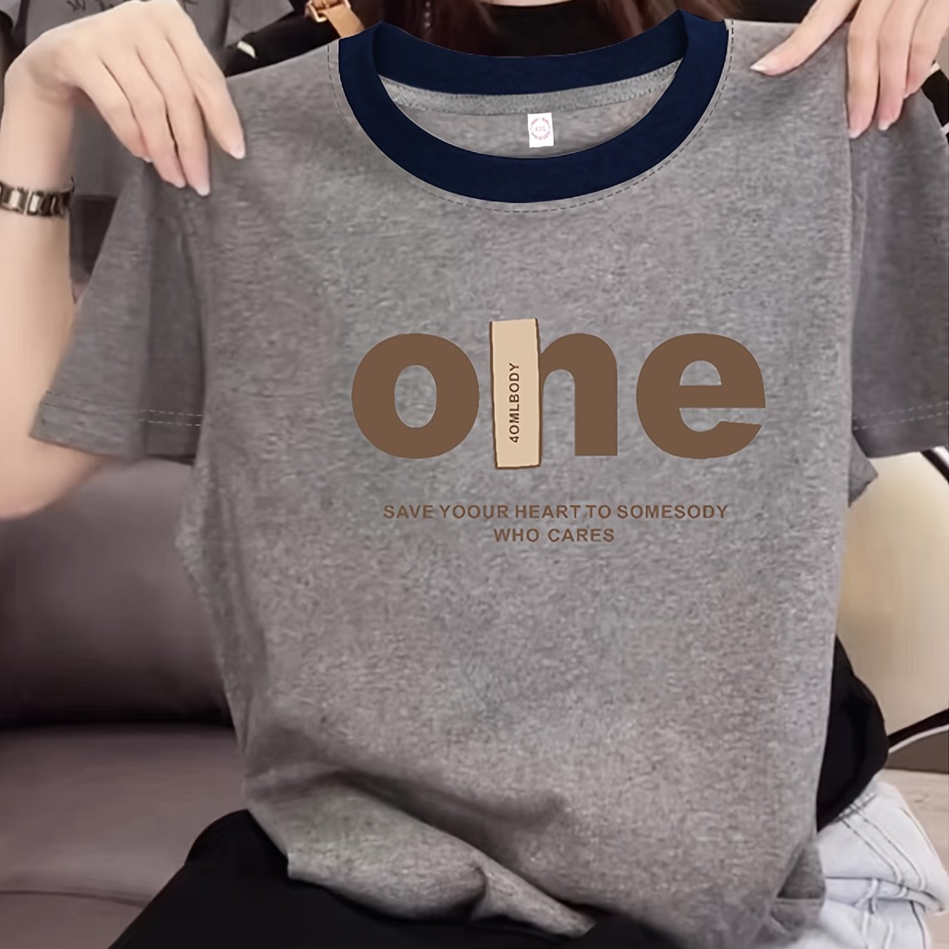 TEMU Women's Casual Short Sleeve T-shirt With Color-block Round Neck & Letter Print - Loose Fit - Blouse, Machine Washable Opaque Top For Casual