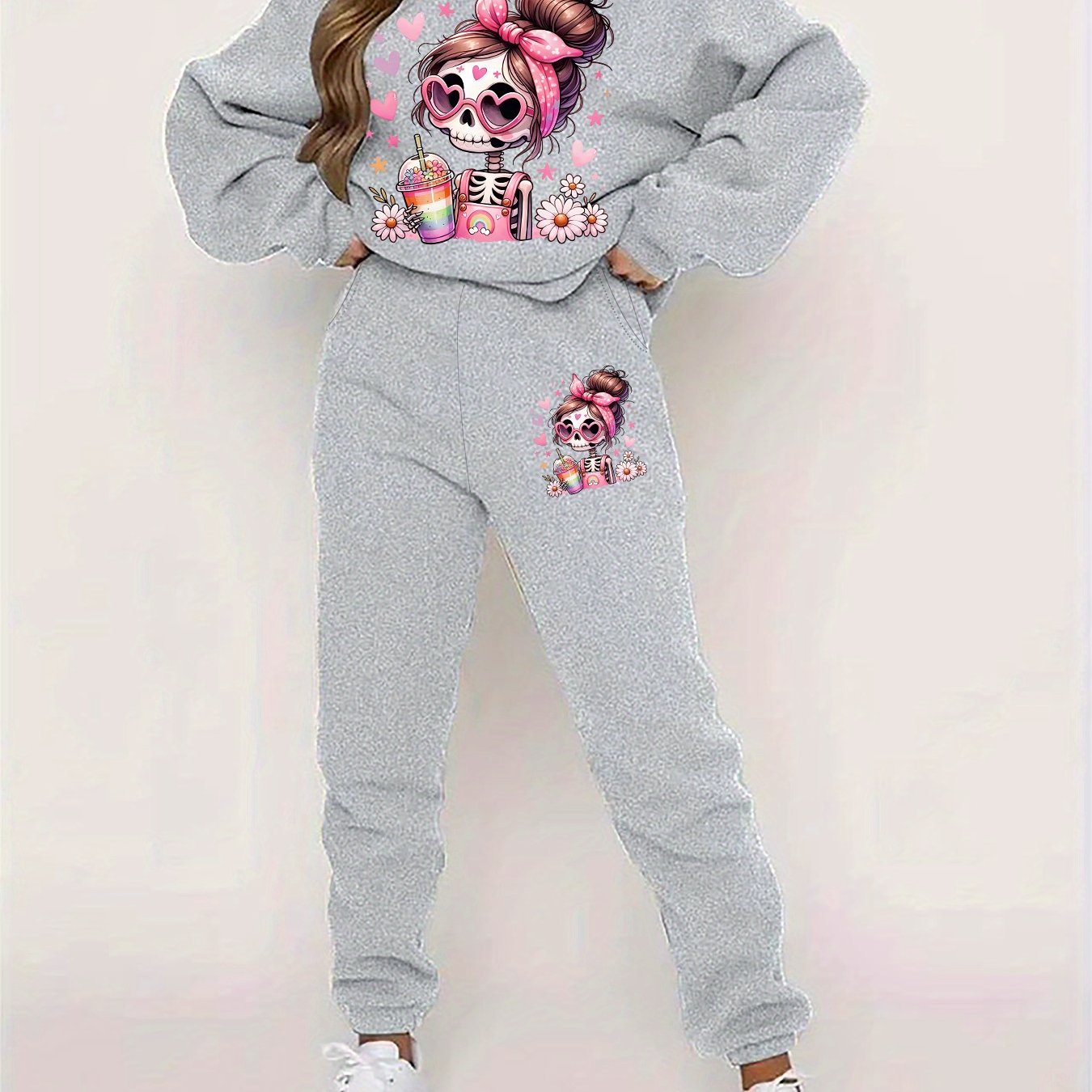 TEMU Women'-piece Set Featuring A Round Neck Sweatshirt And Pants, Designed With Prints, Suitable For Autumn And Winter With Fleece