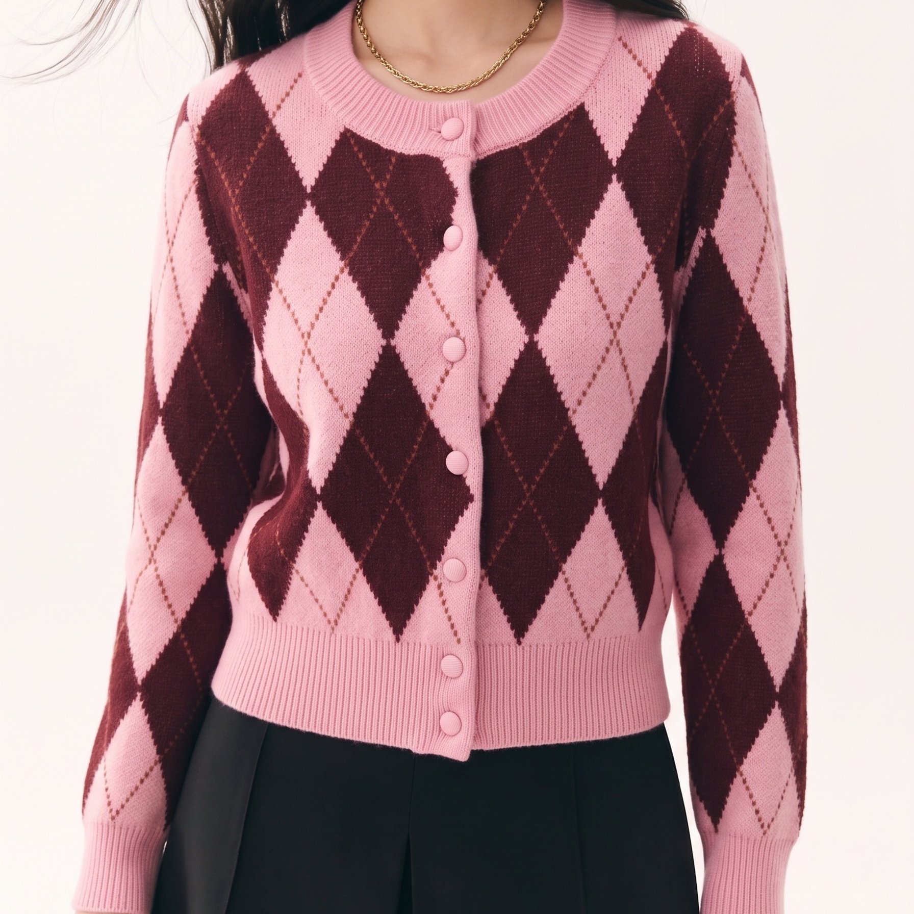 TEMU 2026 Spring/autumn New Women's Cardigan, Layerable -friendly Round Neck Regular Sleeve Practical Warm Slim Short Jacket Diamond Check Open Front