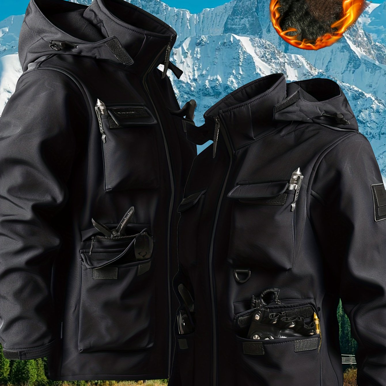 Men's Windproof Fleece-Lined Thickened Jacket with Hood and Multiple Pockets