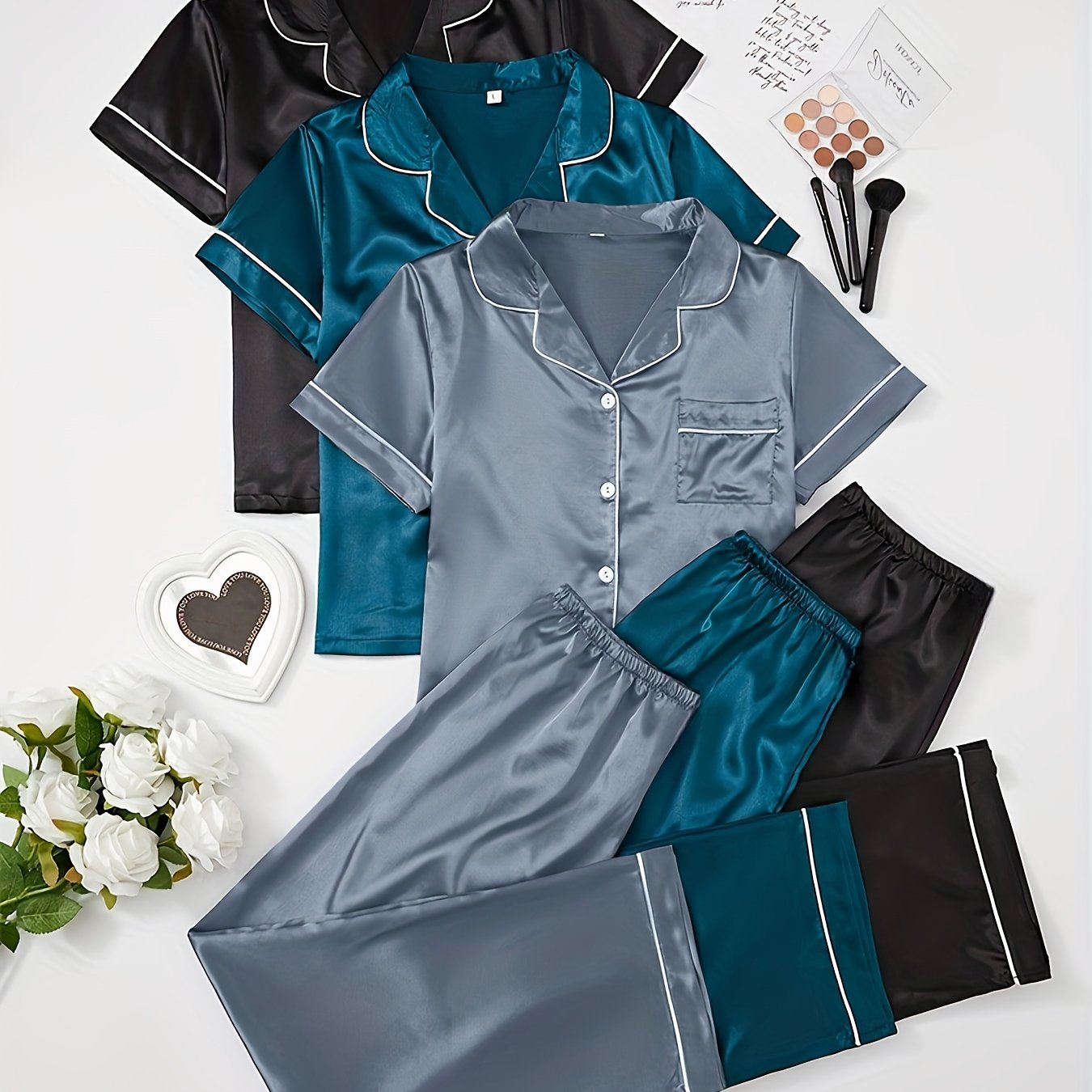 Women' Comfortable Fashion 3pcs 6pcs Set In 3 , Collar Short Sleeve Top & Elastic Waist Long Pants Women's Sleepwear, Comfy Pajamas For Women, Sleepwear Lace And Feminine For Women, Sleep Shorts Women