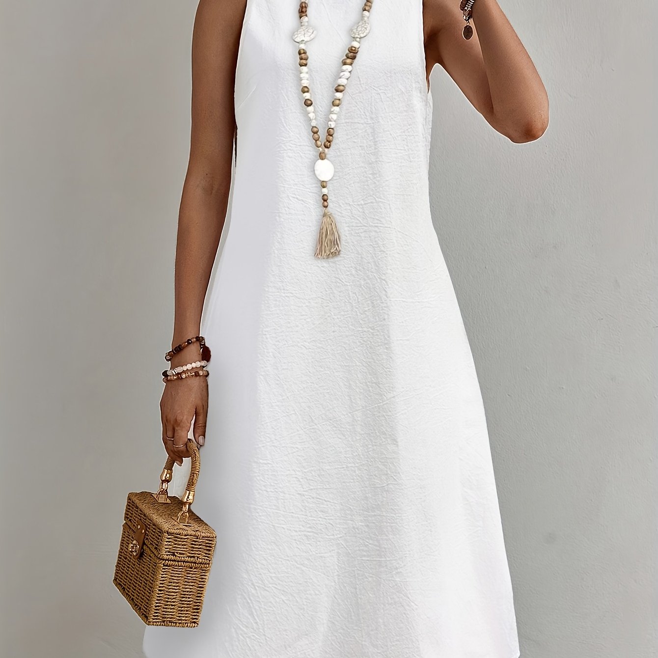 E-shop Ärmelloses, weißes Midi-Kleid für Damen mit Rundhalsausschnitt, lässiges Strandkleid, geeignet für Frühling/Sommer