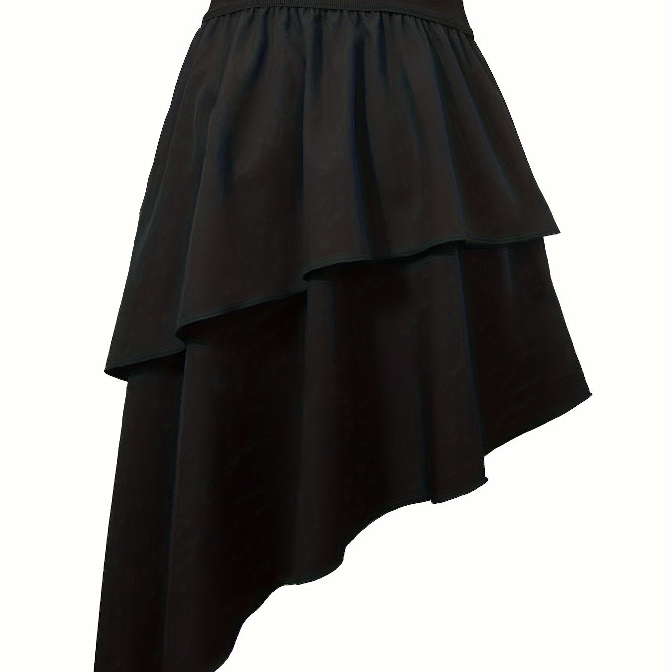 Solid Shirred Waist Skirt, Vacation Asymmetrical Tiered Ruffle Hem Skirt, Women's Clothing