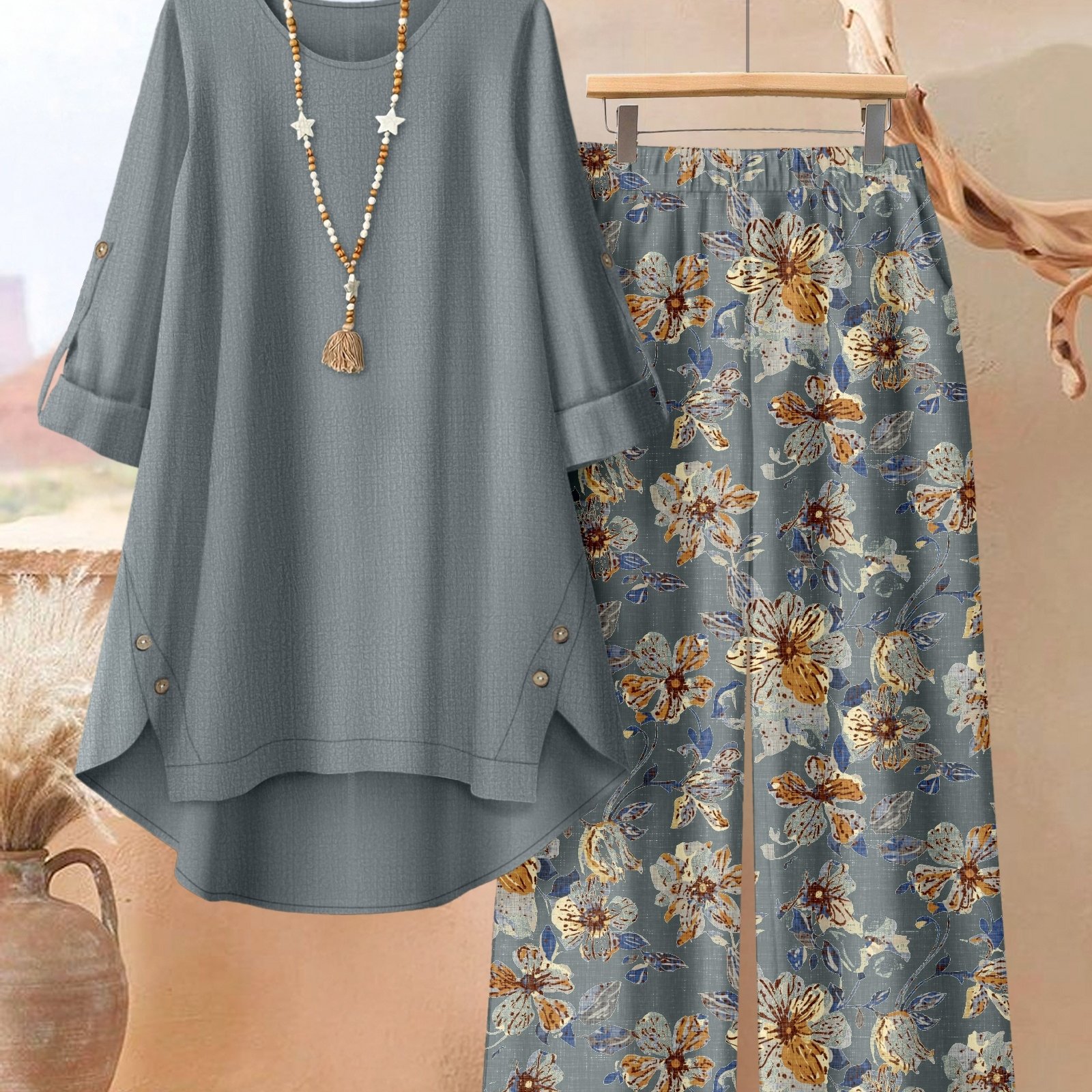Plus Size, A 2pcs Set Of A Solid-color, Irregularly Hemmed With Floral Printed Trousers, Exuding