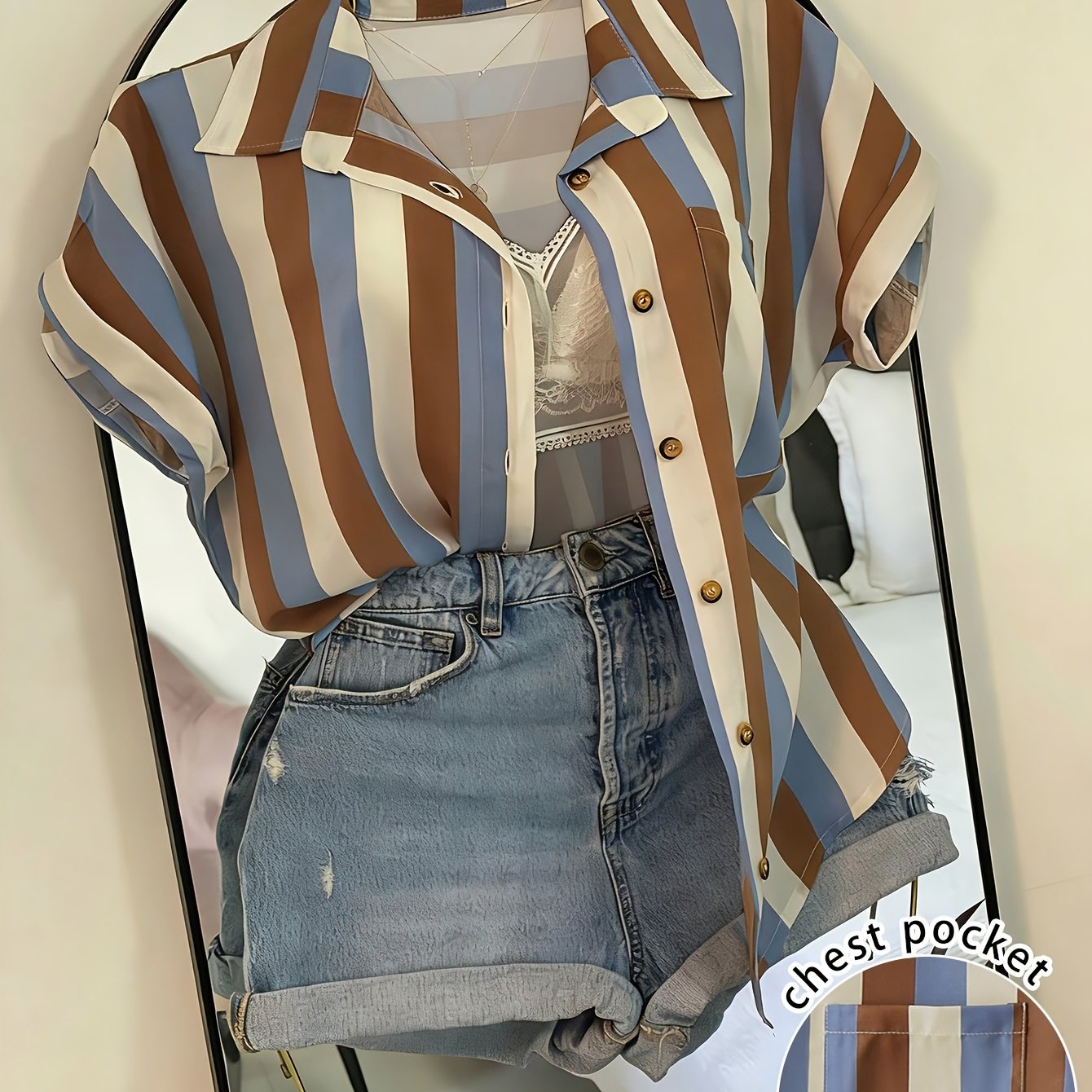 TEMU Striped Pocket Casual Vacation Front Button Short-sleeve Shirt