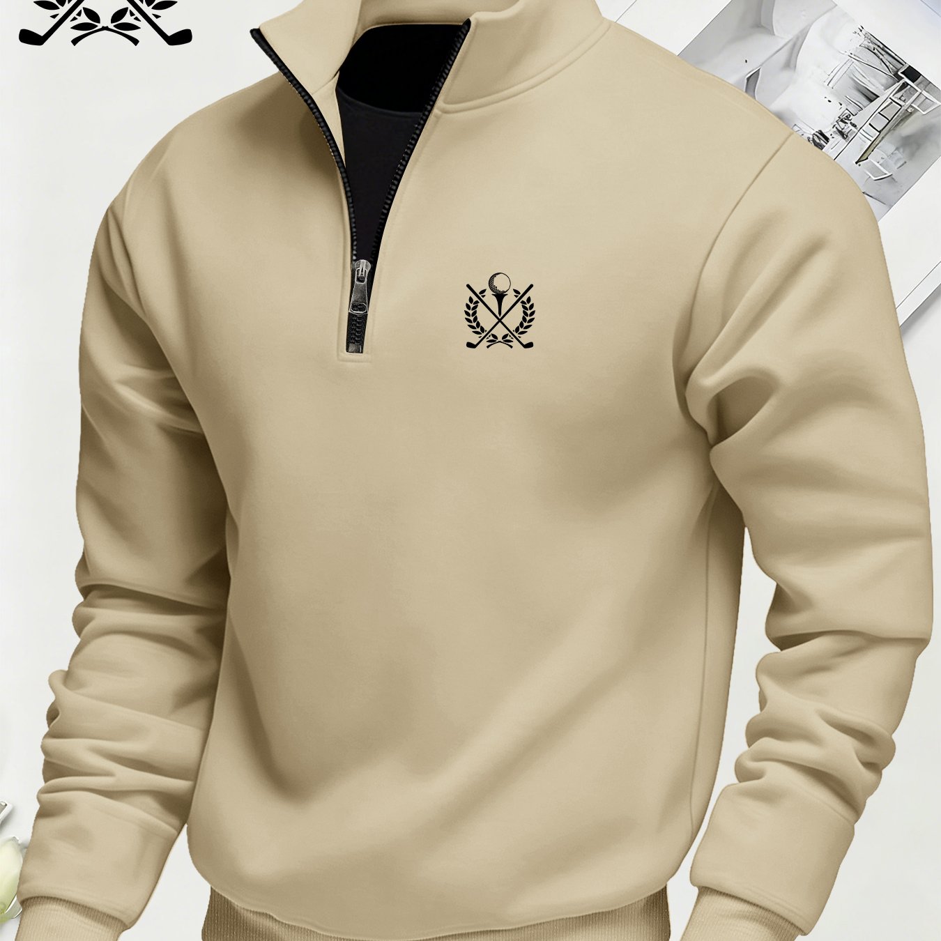 TEMU Men's Casual Long-sleeve Knit Zip-up Cardigan With Golf Club And Leaf Badge Print, 1/4 Zipper, Medium-stretch Fabric For Autumn/winter,