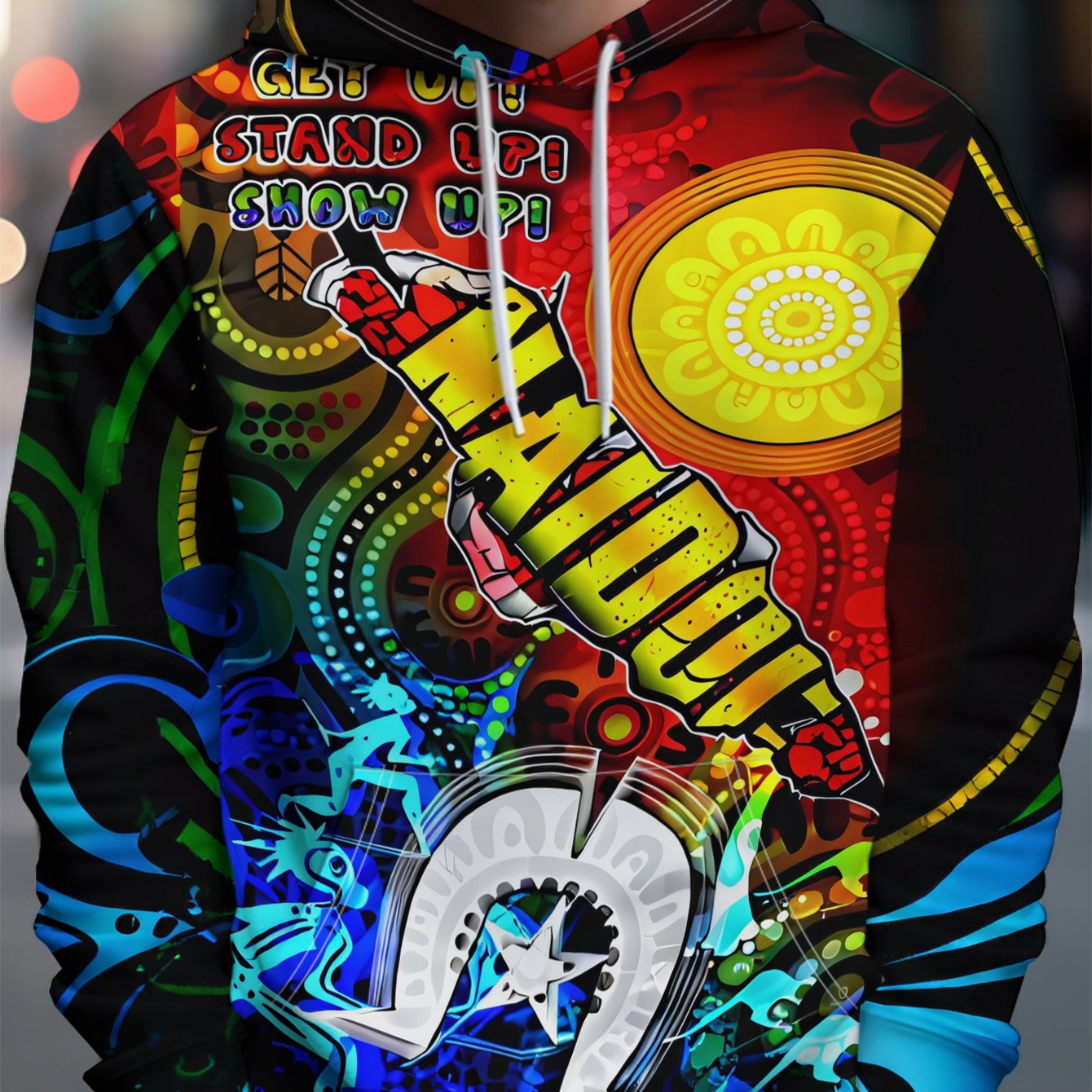 TEMU Men's Individual Style Hooded Sweatshirt, Multicolor Abstract Mid-length With Maori Lettering And Floral Pattern - Full Streetwear Aesthetic,