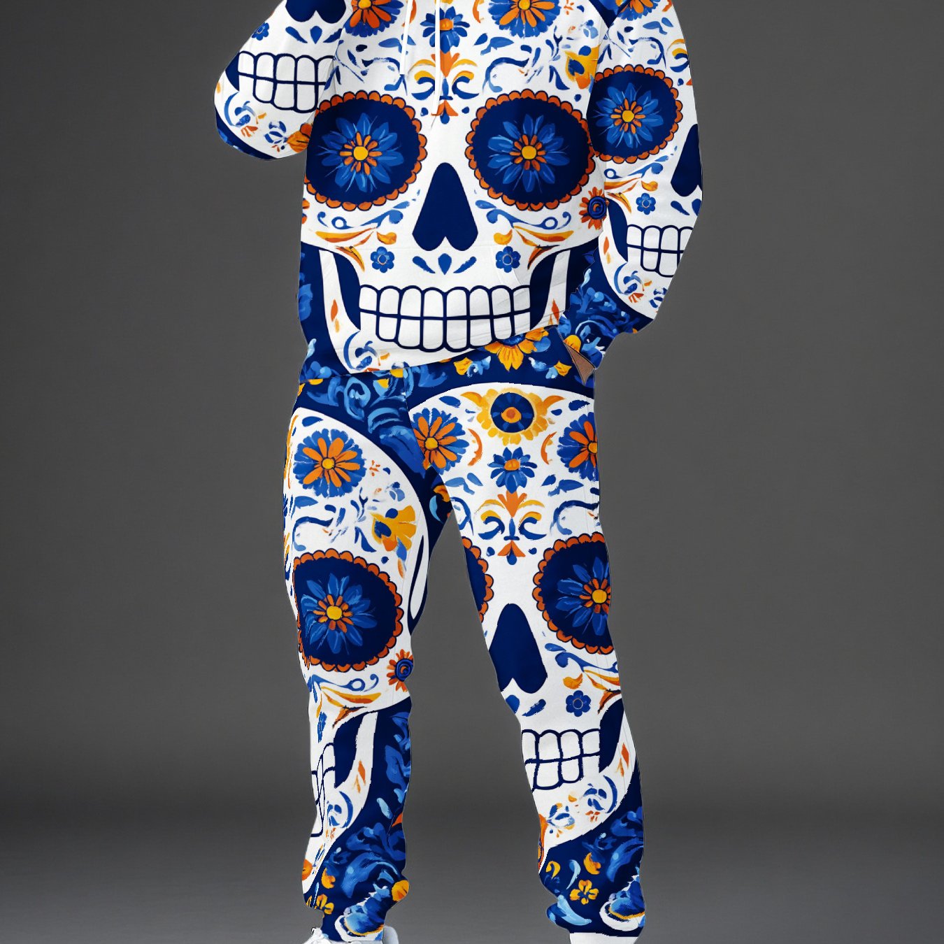 Image of Men' Skull Print Hoodie And Jogger Pants Set | Mexican Outfit, Full- Floral & Blue Sugar Skull Design, Casual Streetwear Matching Tracksuit, Autumn/, Regular Fit, Stretch Fabric, Details
