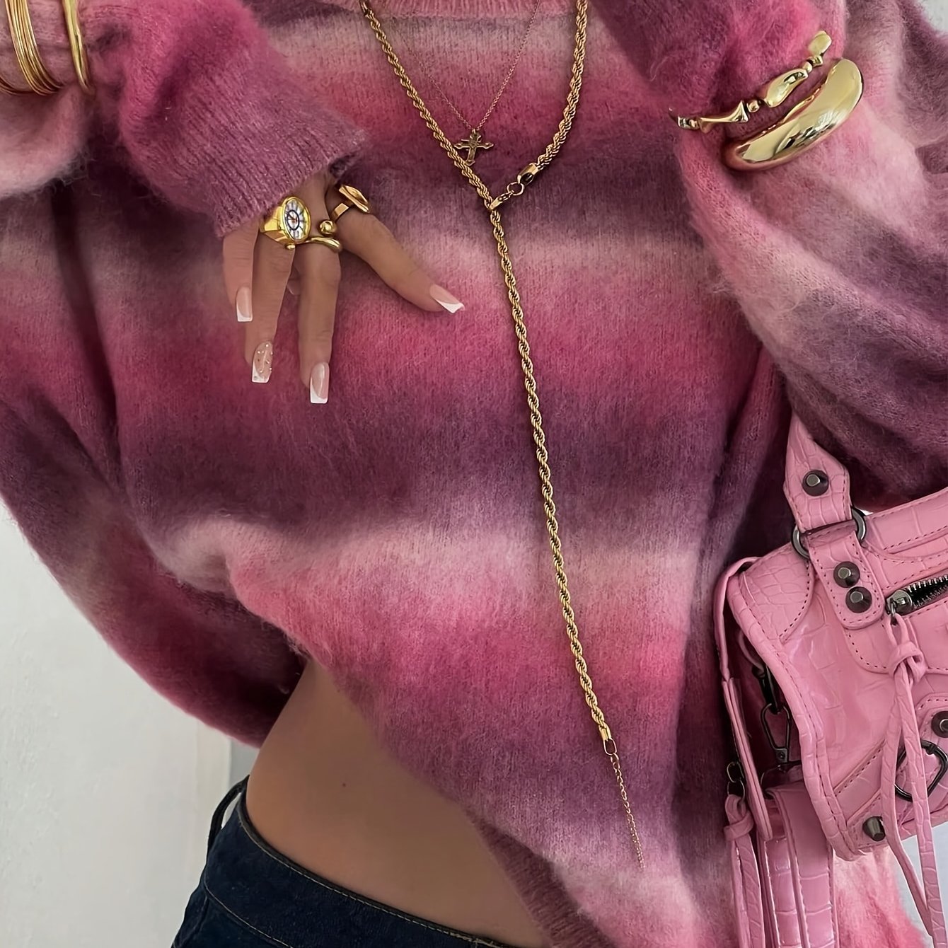 TEMU Pull dégradé pour femme, col rond manches longues, haut décontracté style tendance