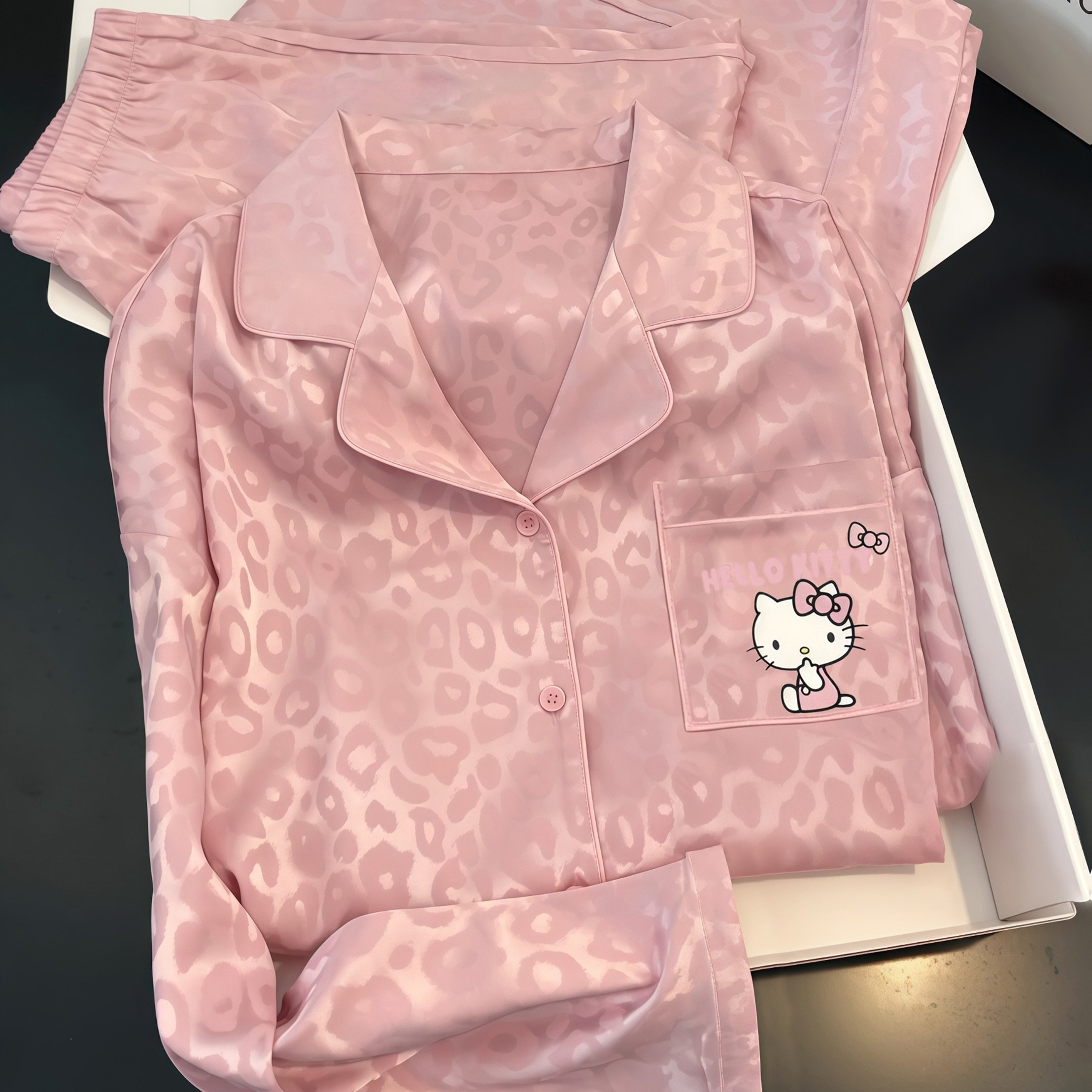 E-shop Hello Kitty Pyjama Set | Damen Leopard Print Langarmshirt und Hose mit Reverskragen, Bequem und Warm für alle Jahreszeiten