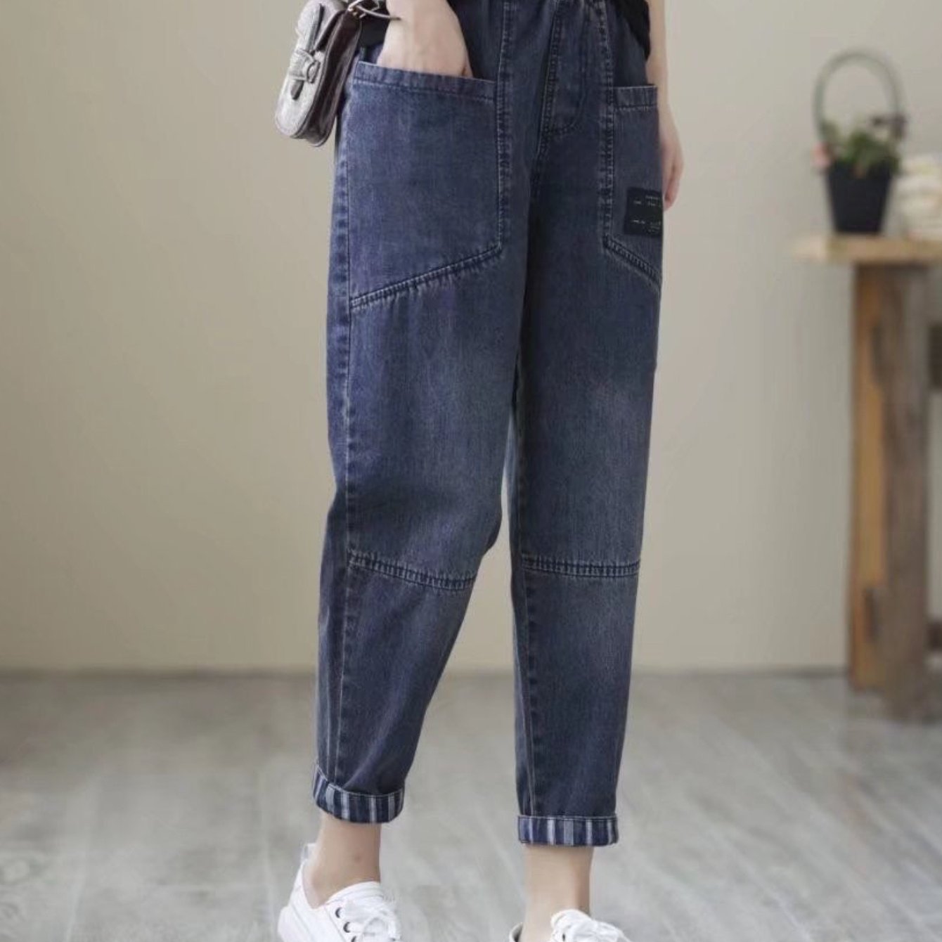 TEMU レディースジーンズ パンツ スキニーパンツ ファッション カジュアル カラーブロック パッチワーク ルーズ ティック レトロ 快適 カープリーパンツ レディースジーンズ 夏