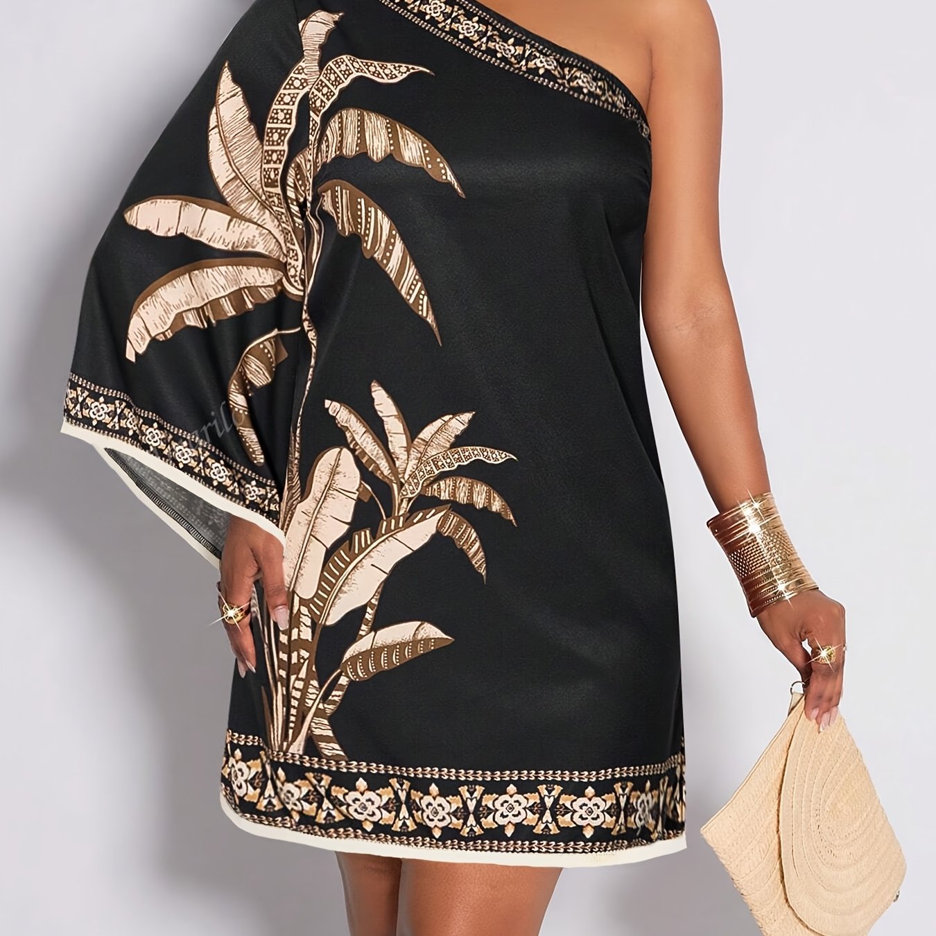 TEMU Plus Size, Plus Size Women's Printed Dress, Fashionable Off-shoulder Midi Dress