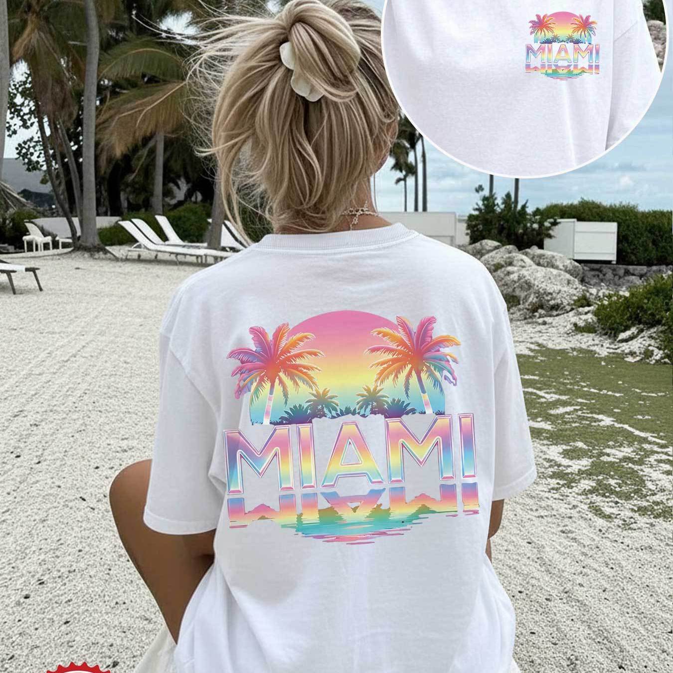 [double Sided Printed] Summer Women's , Beach Casual Style Coconut Tree Sunset Miami Printed Round Neck Short Sleeve Loose Oversized Off-shoulder Women's Top