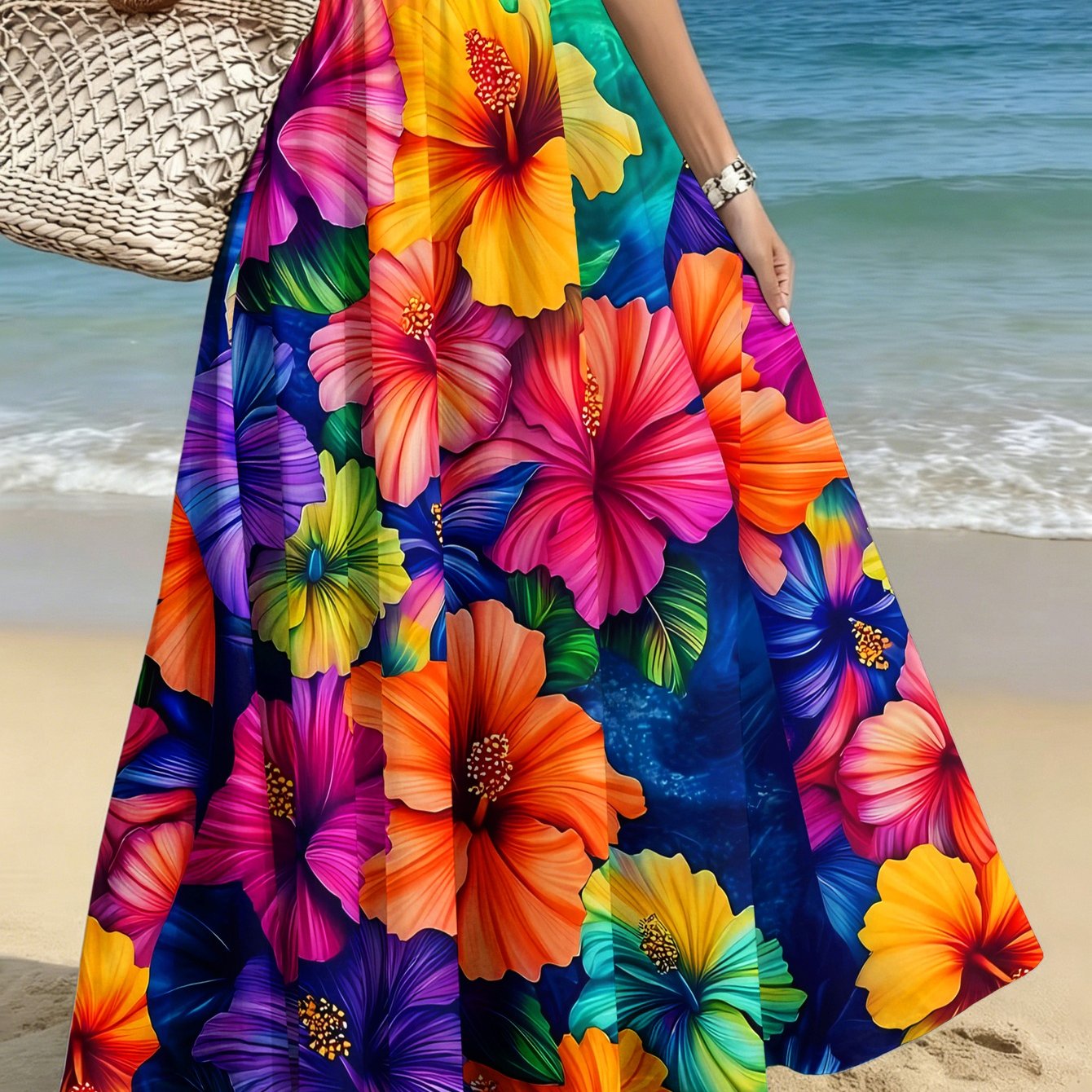 TEMU Plus Size Women's Elegant Fashion Skirt, Casual Printed Midi Dress, Vibrant Hibiscus Blooming Multicolor World Print, /casual/date/party/beach