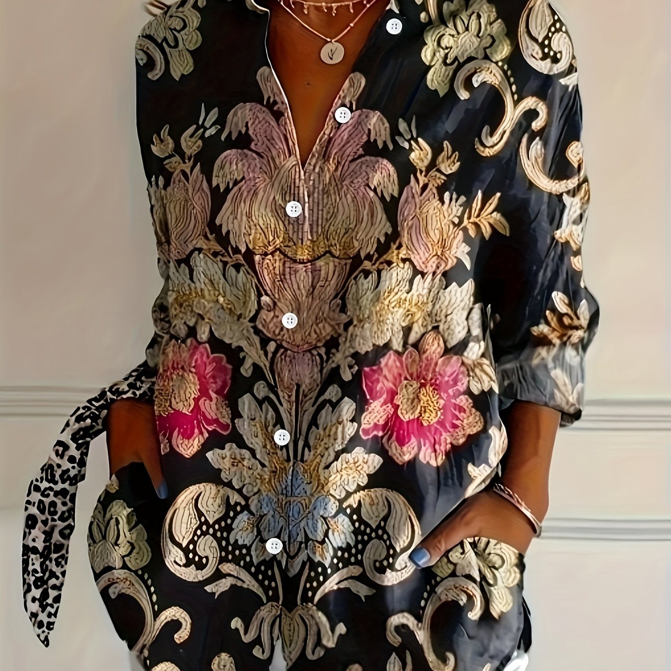 TEMU A Vintage Floral Shirt, Casual Long-sleeve Button-up Shirt For Women, Suitable For Spring And Summer