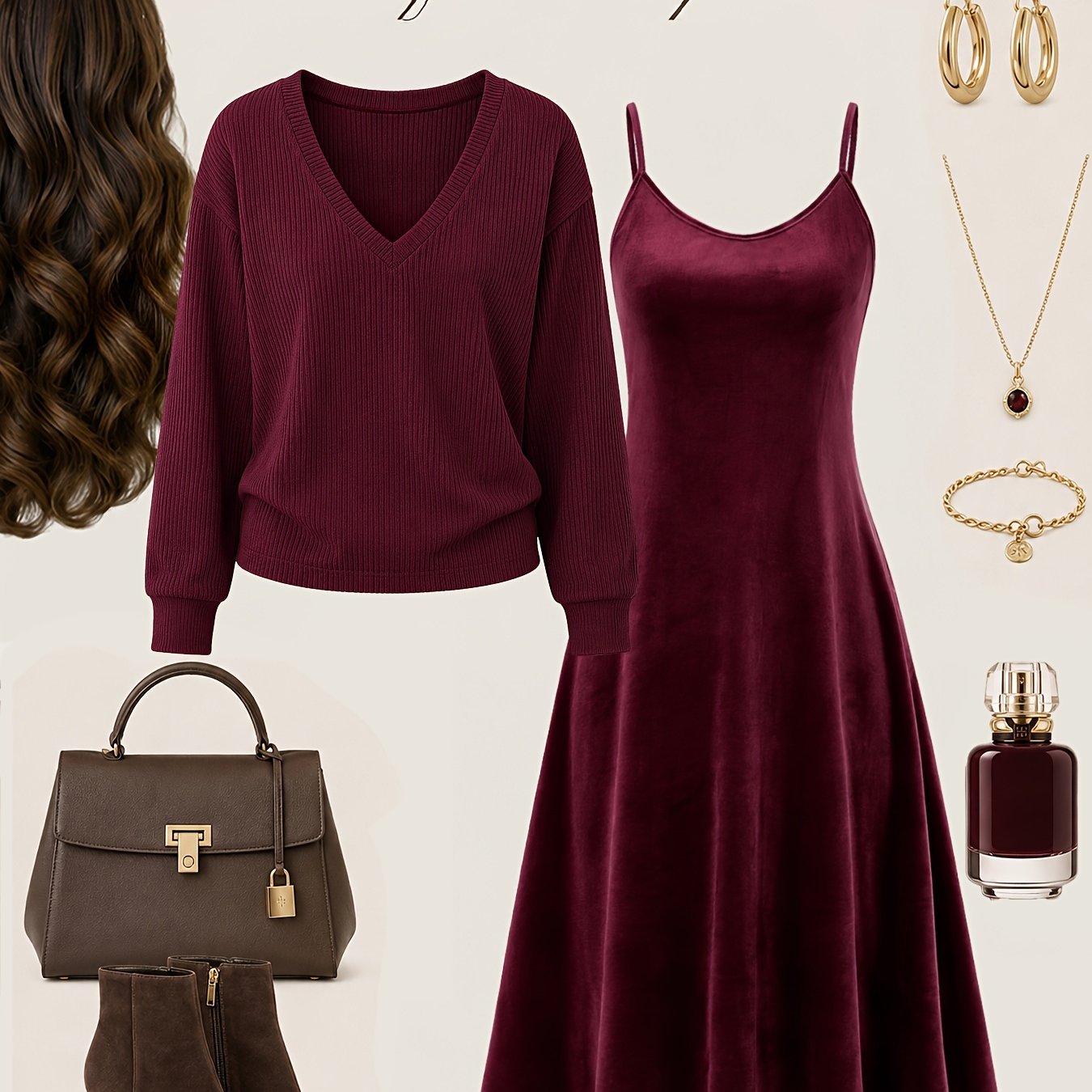 TEMU Light Luxury Velvet Early Autumn Dress Set, Loose Deep V Long Sleeve Cover-up With Camisole Dress, 2pcs Set