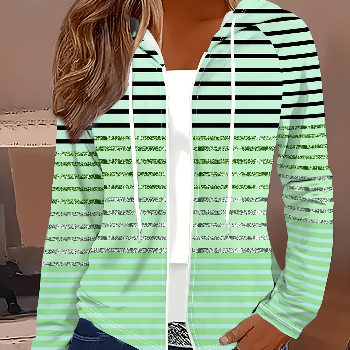 Printed Design Green And Black Striped Pattern Women's Casual Jacket