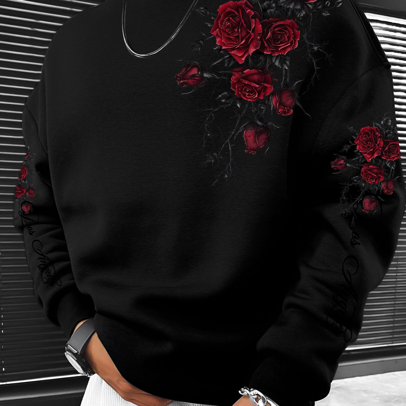 TEMU Men's Crew Neck Sweatshirt, Casual Rose With Thorns, New Autumn/winter Men's Apparel