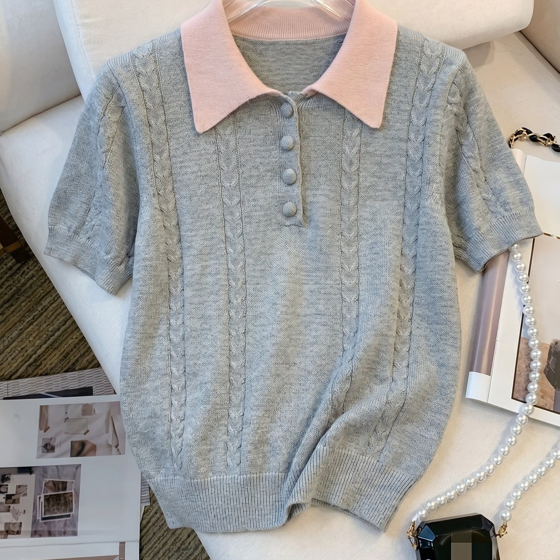 TEMU /summer Women's Fashion Simple Contrast Color Cable Sweater Top