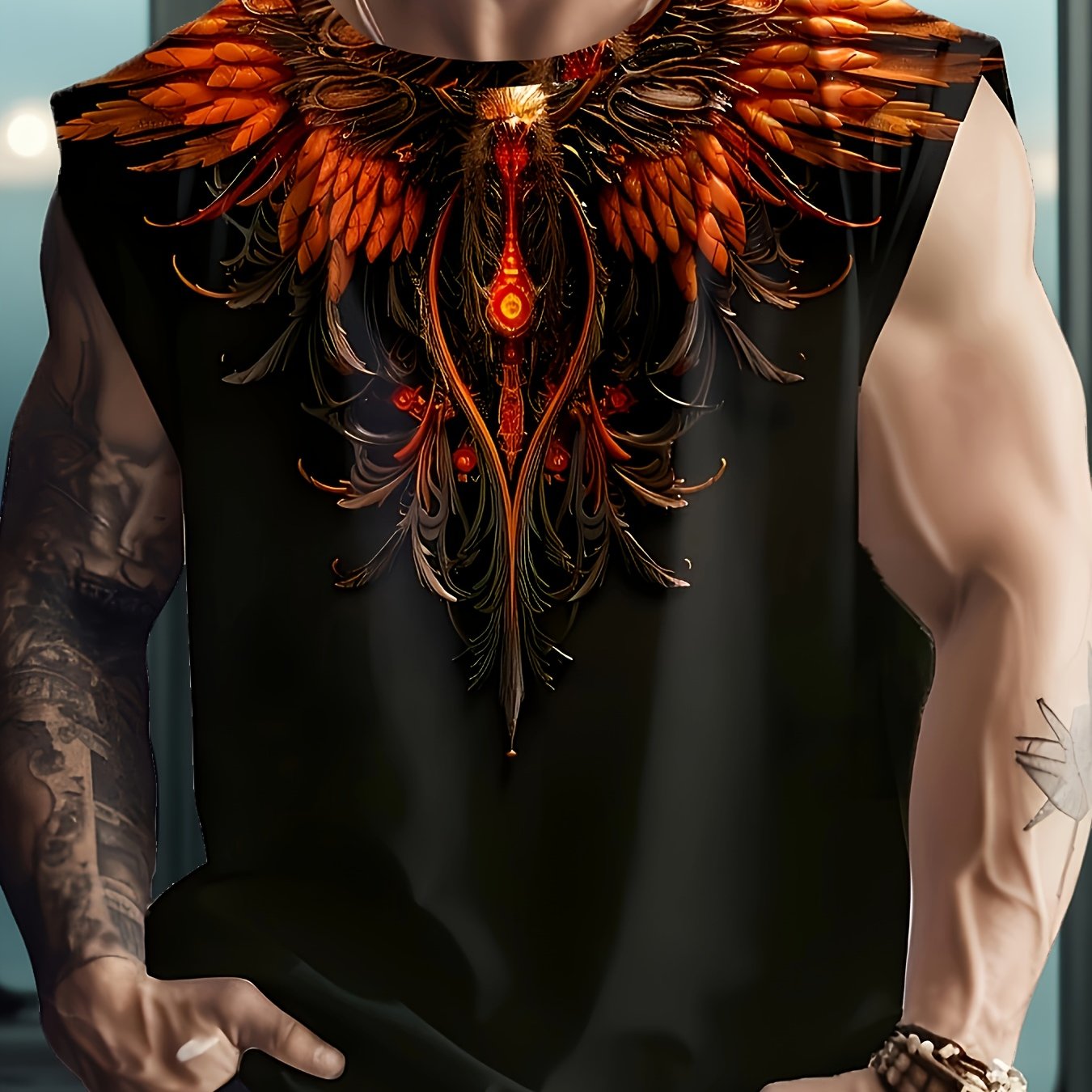 TEMU [print Design-not Textured] Plus Size Vest Top Men's Animal Phoenix Pattern Vest Top Sleeveless T-shirt Men' Round Neck Vest