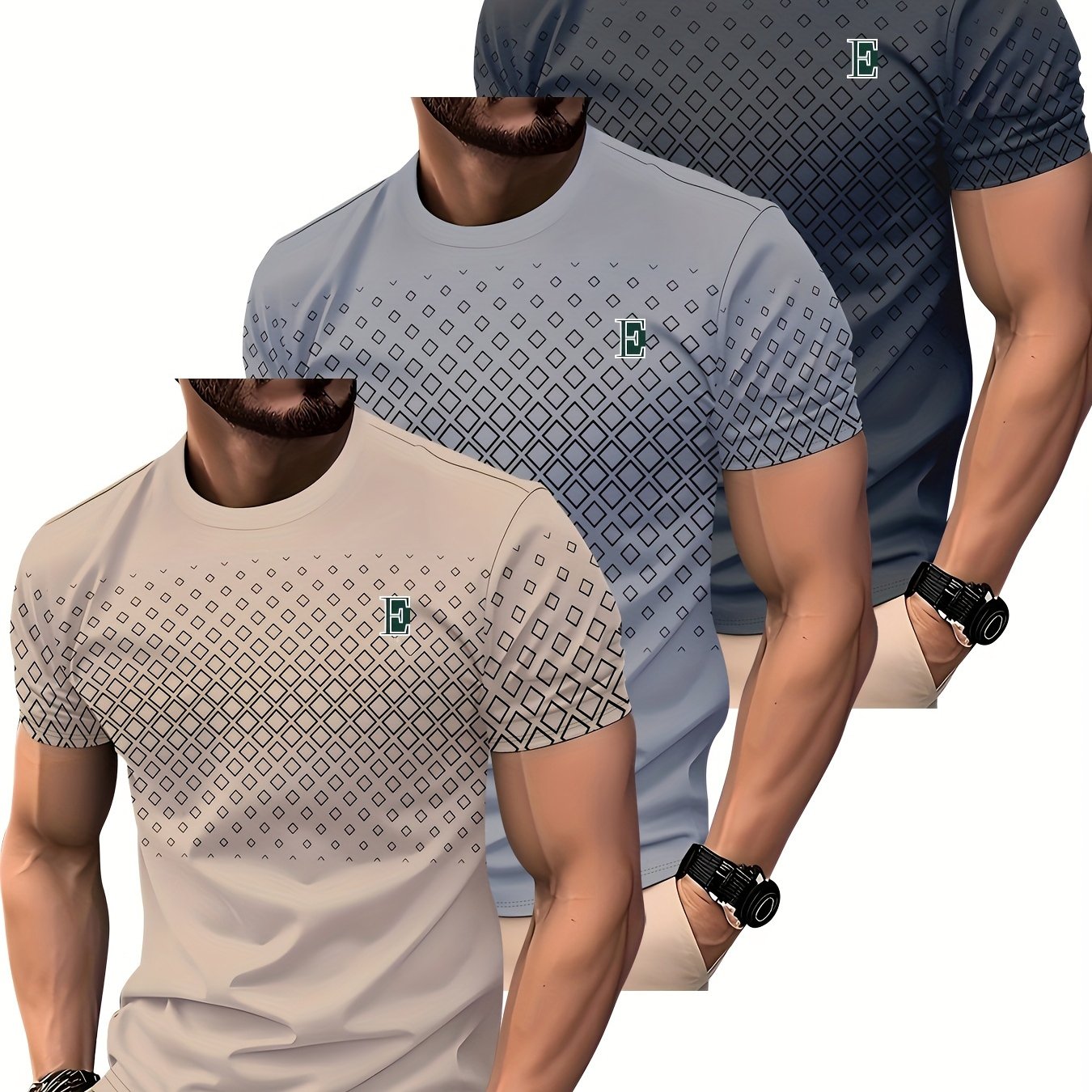 TEMU 3pcs Men's Slim T-shirts - Quick-dry Short Sleeve Gym Shirts With Greek Key Pattern - Breathable Workout Tees For Yoga And Casual Wear