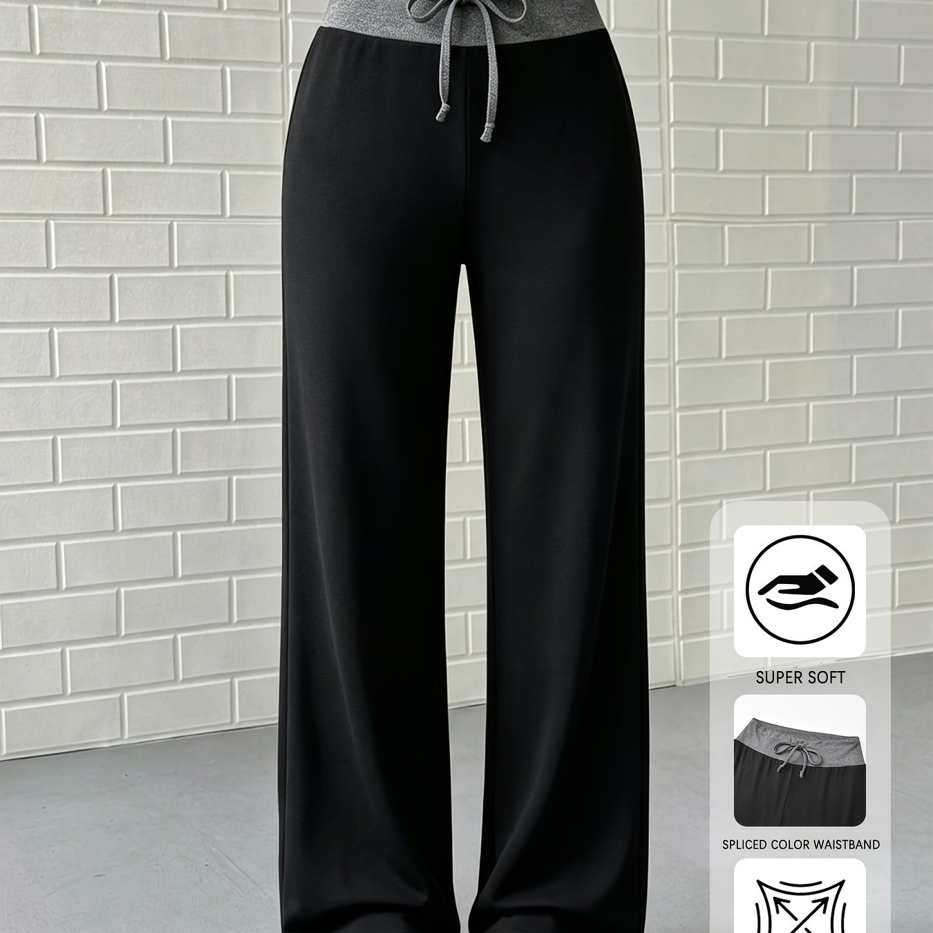TEMU Pantalon Femme à Taille Haute, Jambes Larges et Color-Bloqué, Bas de Détente Super avec Cordon de Serrage, pour Tenue Quotidienne Décontractée