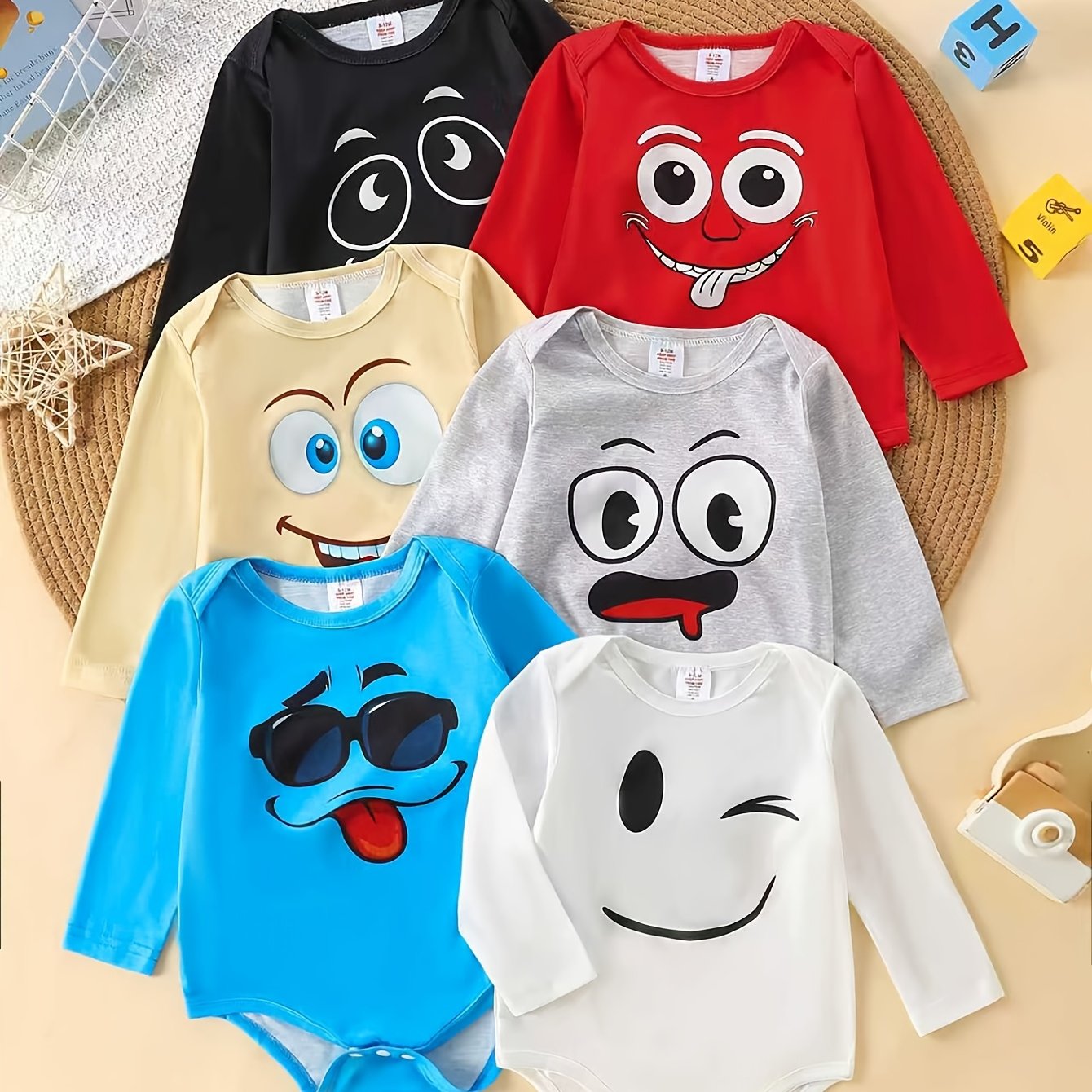 Image of Random 1pc Boys' Cute Face Print Jumpsuit Pajamas, Flame-retardant Fabric, Knitted Long-sleeve Bodysuit, Flame-retardant Fabric