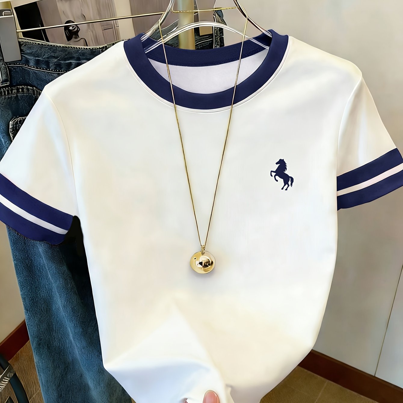 TEMU D345 - Horse Print Women's Short Sleeve Striped Contrast Color Round Neck T-shirt, New Summer Casual Versatile Tee For Commuting, Urban Wear,