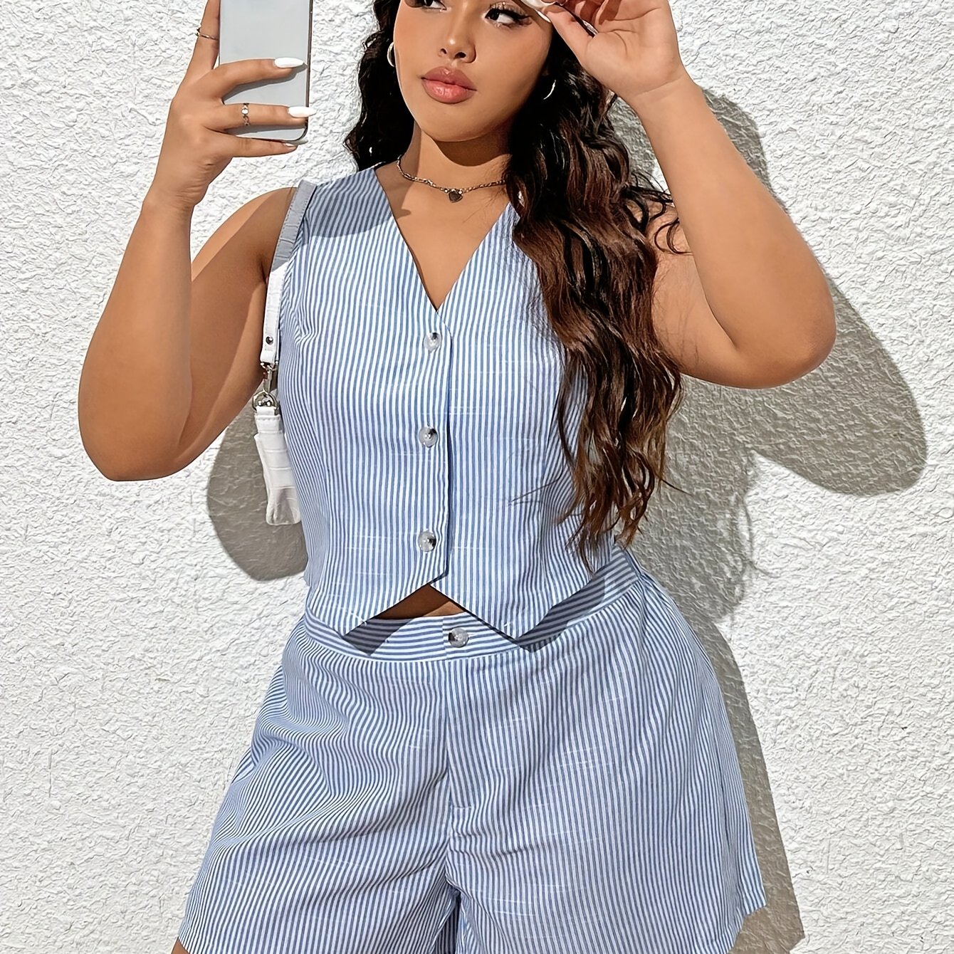 TEMU Conjunto de chaleco a rayas y pantalones cortos casuales