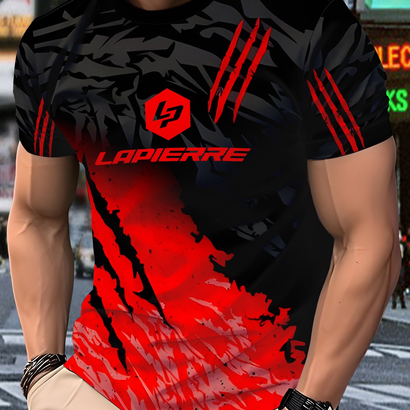 TEMU This Men's Short-sleeve Shirt Features A Black And Red Gradient , Incorporating Claw Marks And The "lapierre" Brand Logo, Perfectly Blending