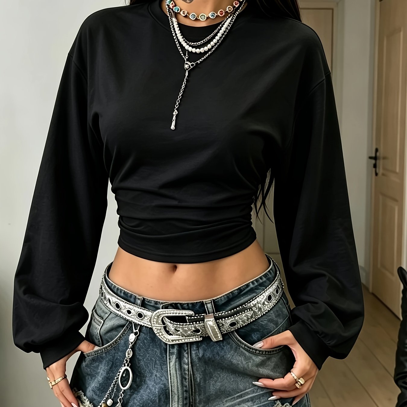 TEMU Haut pull pour femme à manches longues, couleur unie, , avec col asymétrique, pour la rentrée des classes, style décontracté et polyvalent