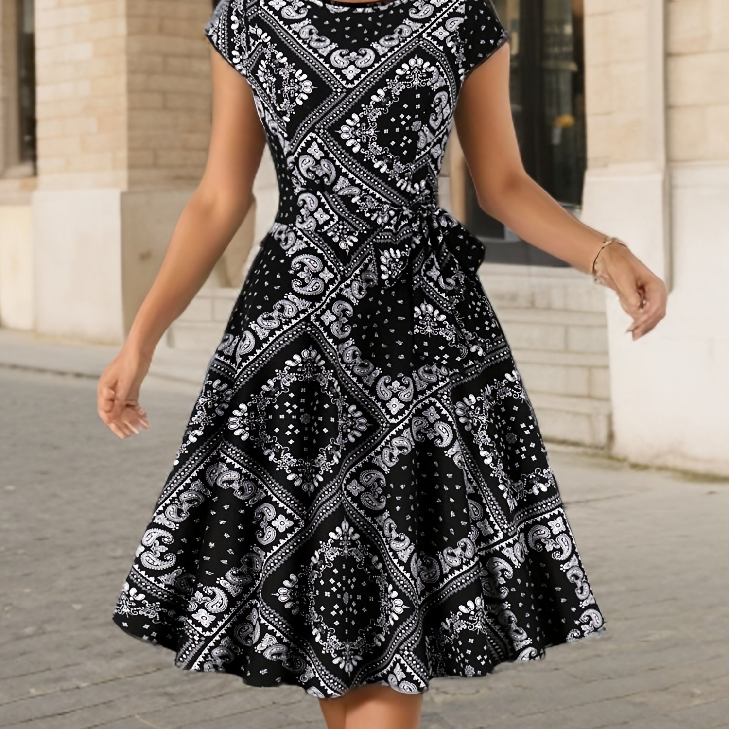 Elegant Printed Round Neck Casual Party Dress